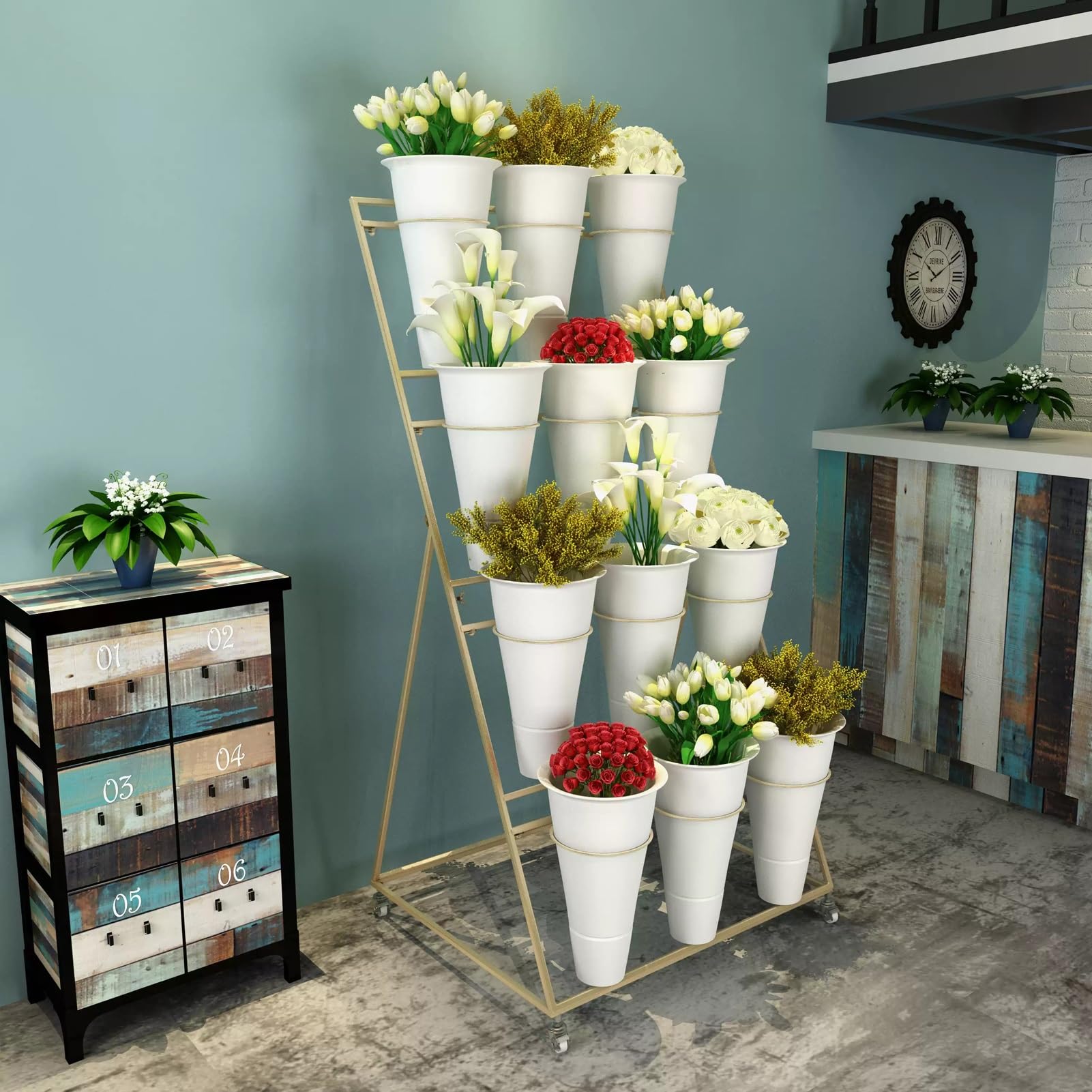 Meuble rangement plante métal intérieur extérieur avec seaux plastique et roulettes