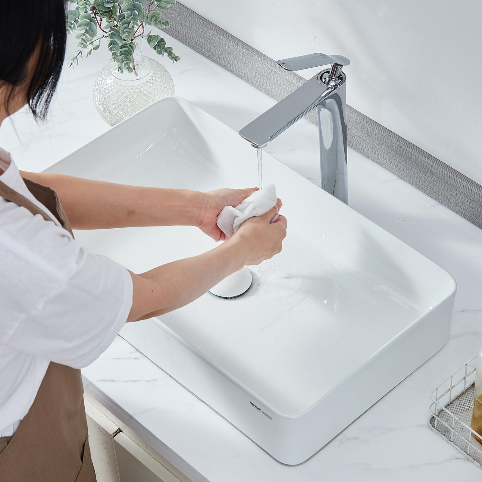 VEVOR Fregadero Rectangular para Recipiente, Encimera Lavabo de Baño de Cerámica Blanca sobre Mostrador, Estilo Moderno, Brillante y Elegante, Bien Empaquetado para Baño, Inodoro, 609 x 351 x 112 mm