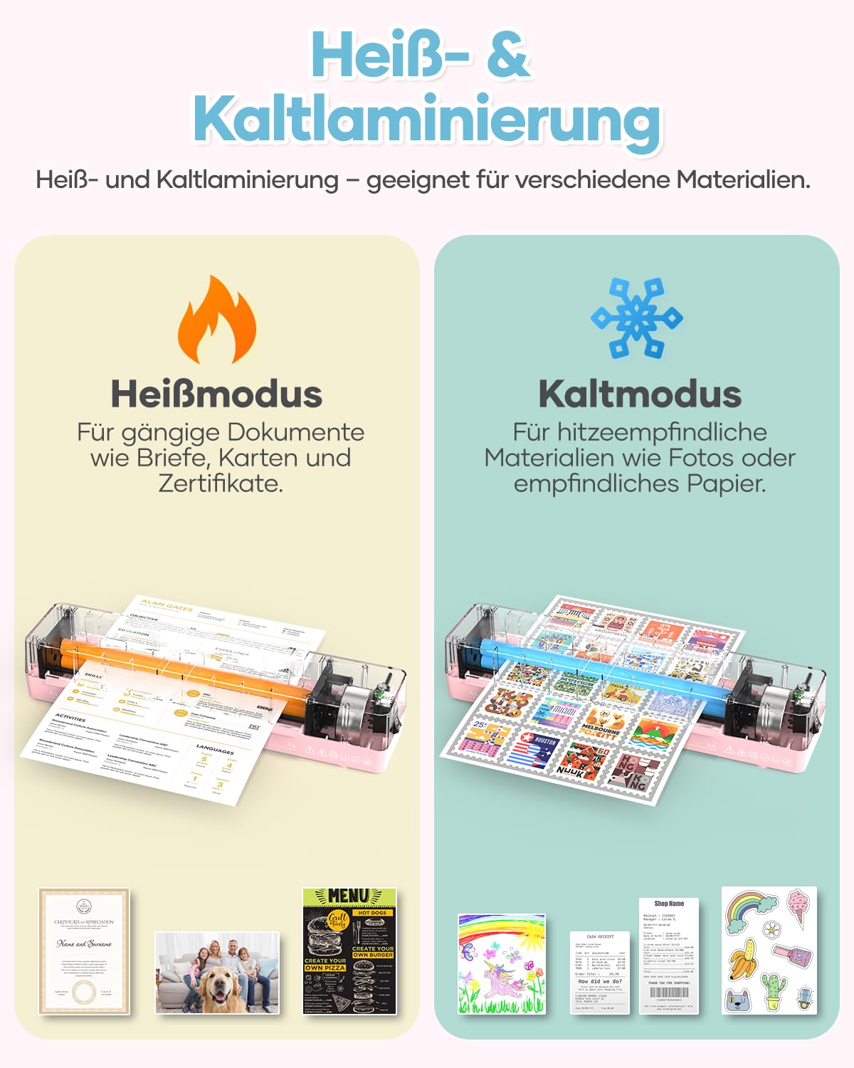 Crenova Laminiergerät A4/A5/A6,Schneller Laminator mit 10 Laminierfolien,Personal für Hausgebrauch,Schule Lehrer,Büro Karte (Rosa)