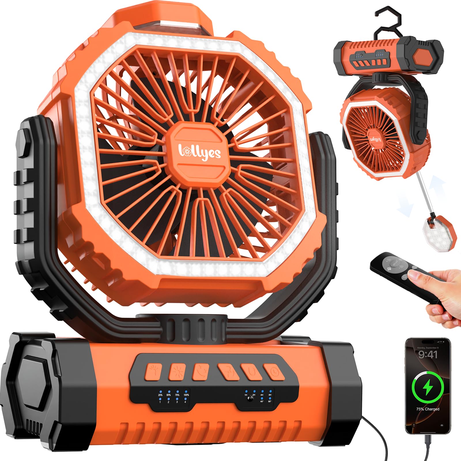 Ventilateur de camping rechargeable orange avec batterie 20000mAh et lanterne