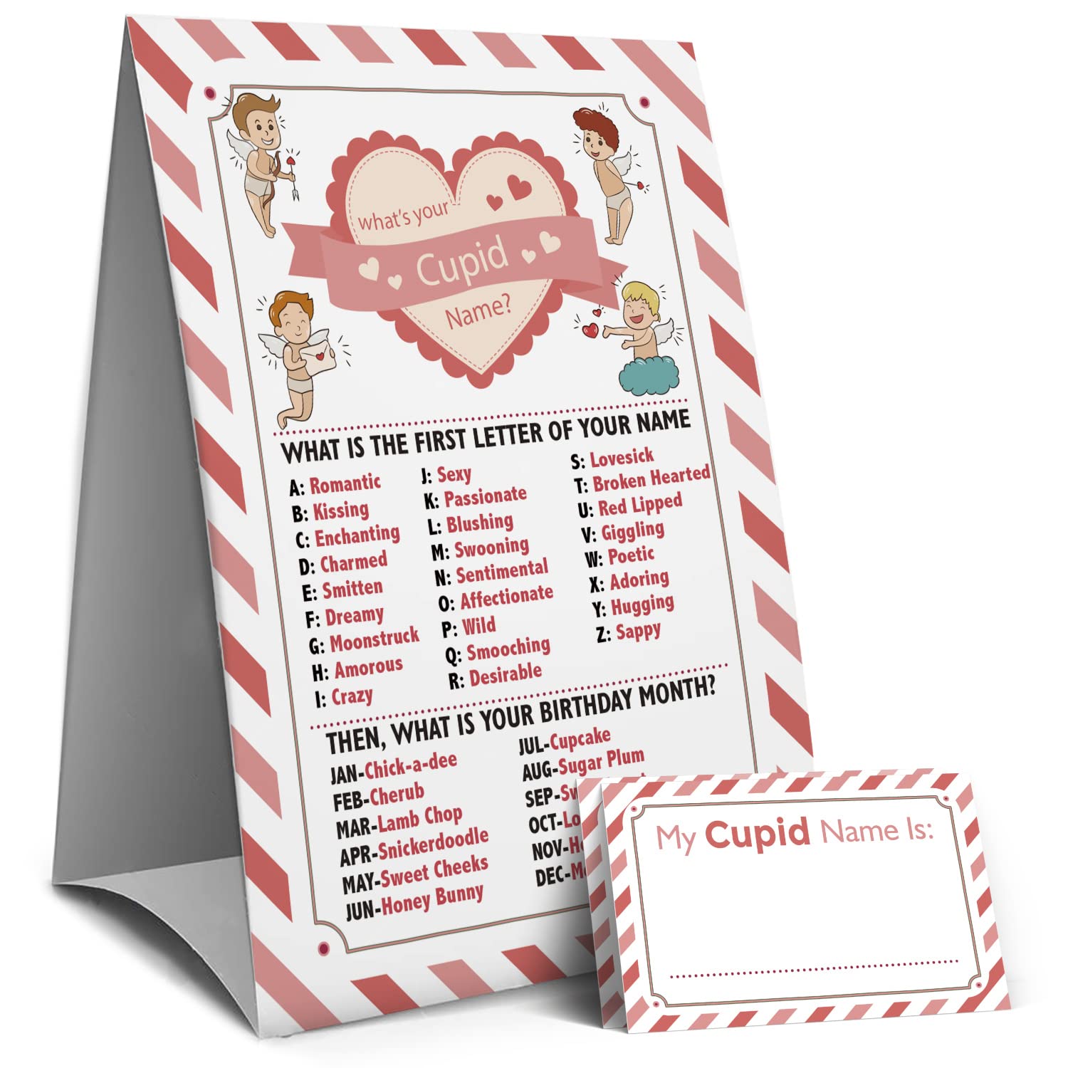 Valentine Games Sign - What's Your Cupid Name? Valentine's Party Games, Valentine Party Games, Suitable for Adults, 1 Sign and 50 Cards（77E）