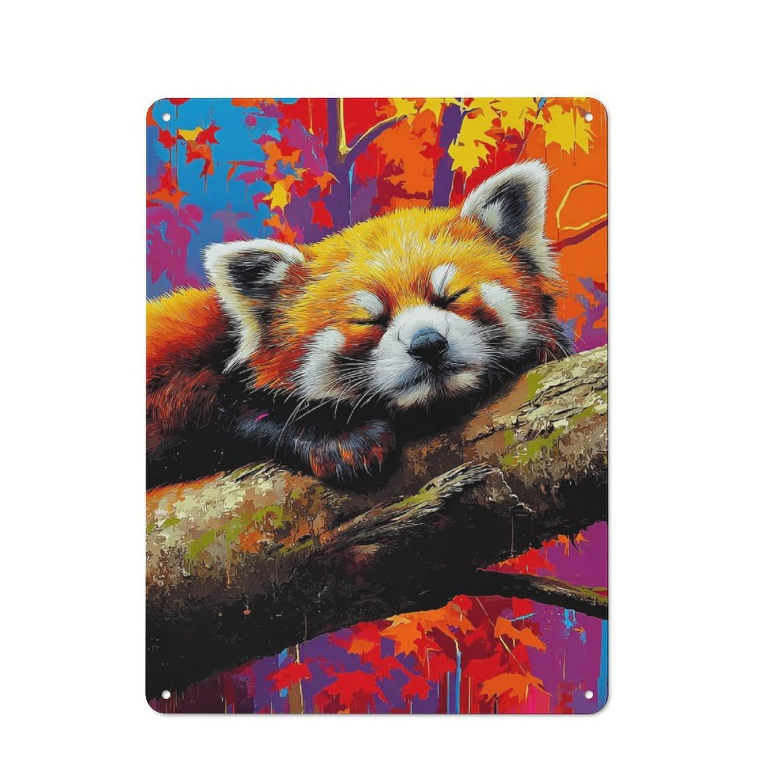 Junmoney Sleeping Red Panda In Autumn Forest Metal Wall Plaque With Design 40X30cm, Retro Small Space Decor For Flat, Dorm Room, Lounge Or Cafe