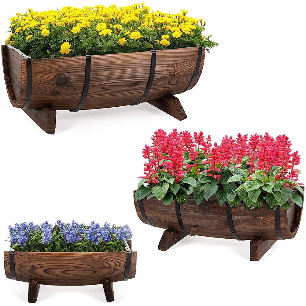 Jardinières en bois demi-tonneau grand parterre fleurs herbes et légumes L