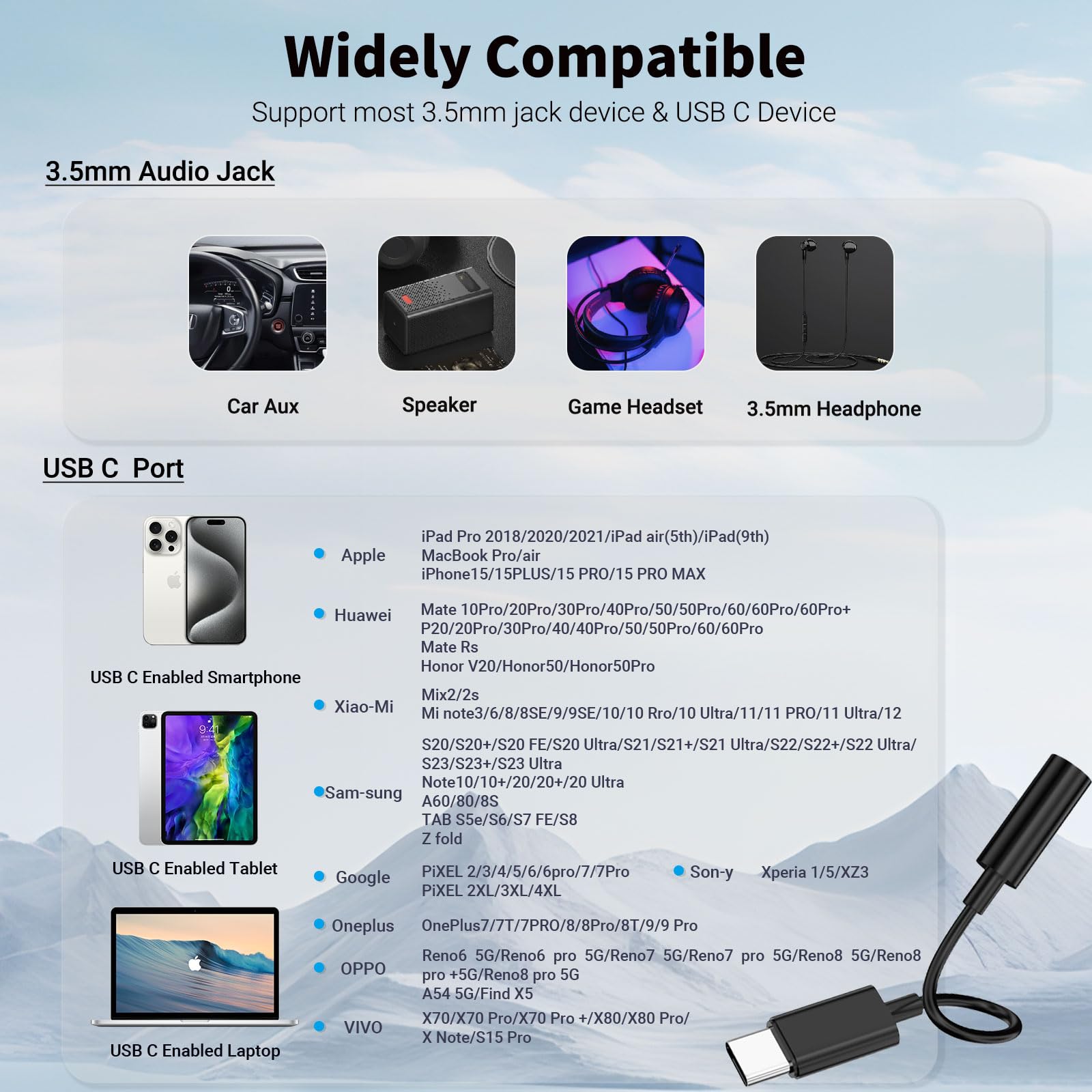 USB C auf 3,5 mm Adapter (2 Stück, weiß) – DAC-Audio-Konverter für iPhone 15/Pro, Samsung S23, iPad Pro, Pixel 7-16bit/48kHz AUX-Adapter mit Mikrofon für Auto, Gaming