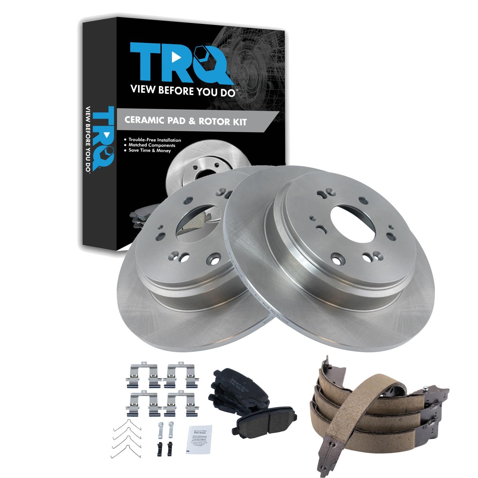 TRQ Rear Brake Pad and Rotor Set Ceramic Parking Brake Shoe Compatible with 2007-2013 Acura MDX 2010-2013 ZDX 2009-2015 Honda Pilot