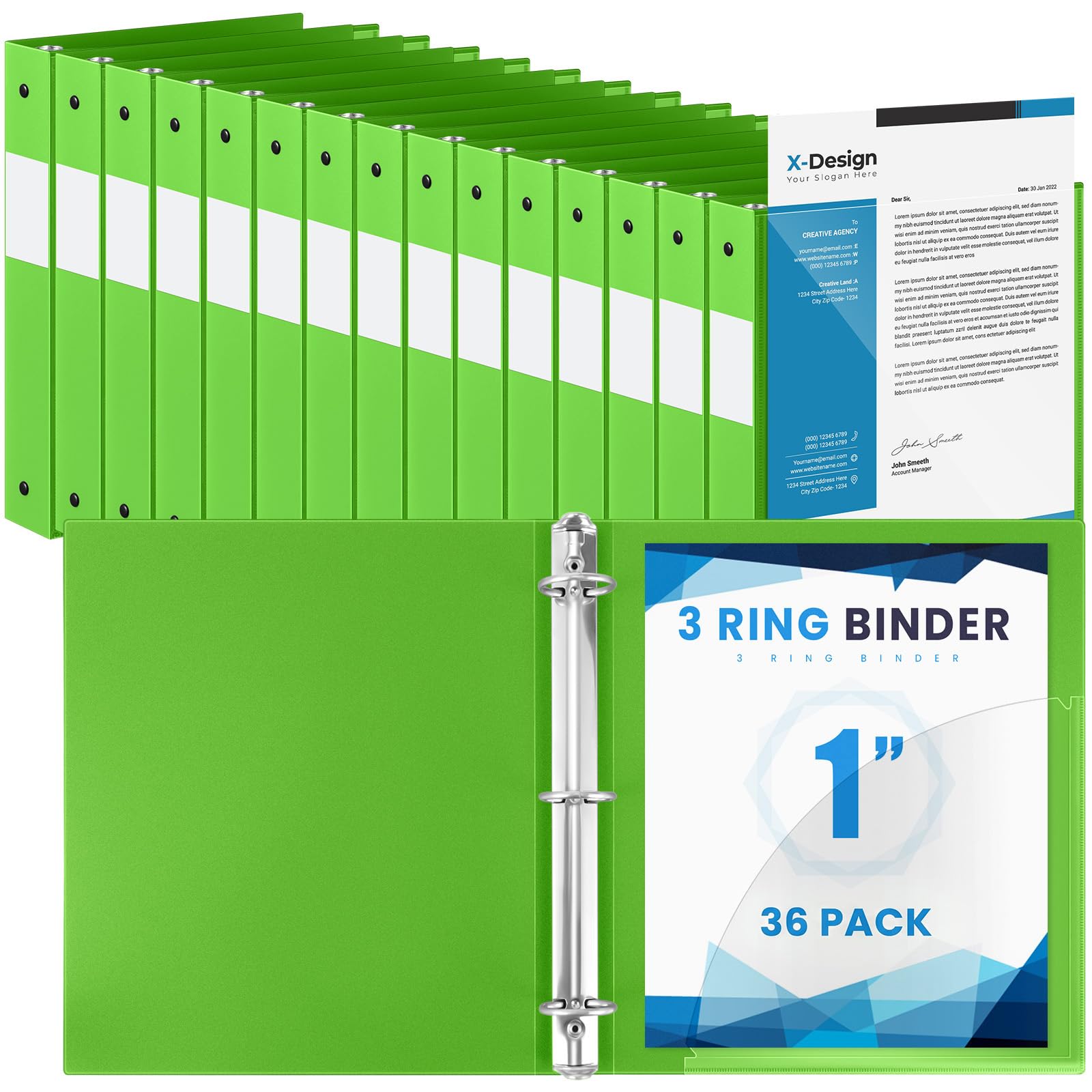 Henoyso 36 Pack 1 Inch 3 Ring Binder with Clear Cover Fit Letter Size 8.5" x 11" Paper Holds 240 Sheets, Bulk Binders for Organizing School, Office & Classroom Documents, 1 Pocket (Tender Green)