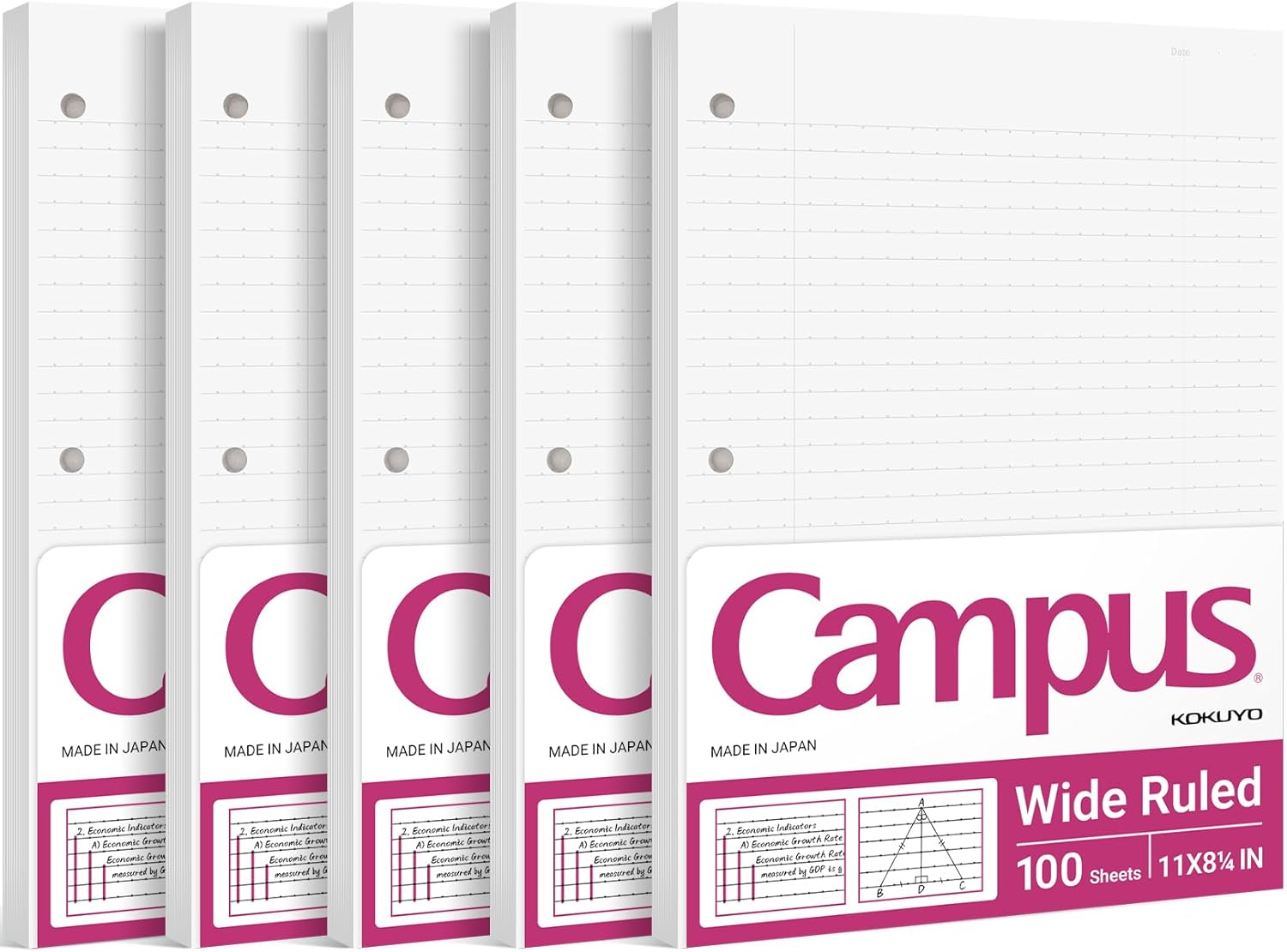 Kokuyo Filler Papers, 8-1/4"x11”, Wide Ruled 3 Hole Punched Loose Leaf Paper, 500 Sheets Bleed Resistance Notebook Paper, Japanese Smooth Lined Paper for 3 Ring Binders School Supplies, Japan Import