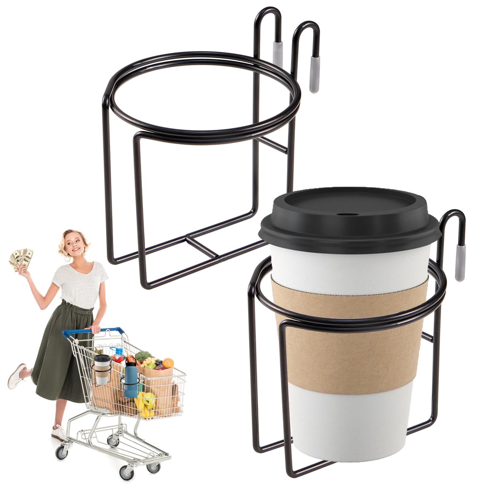 2 Pcs Shopping Cart Cup Holder, Portable Grocery Cart Cup Holder with Bottom Bar Reusable Stainless Steel Shopping Carts Drink Holder for Hanging Stanley Cup Coffee Cup Baby Bottle (Black)
