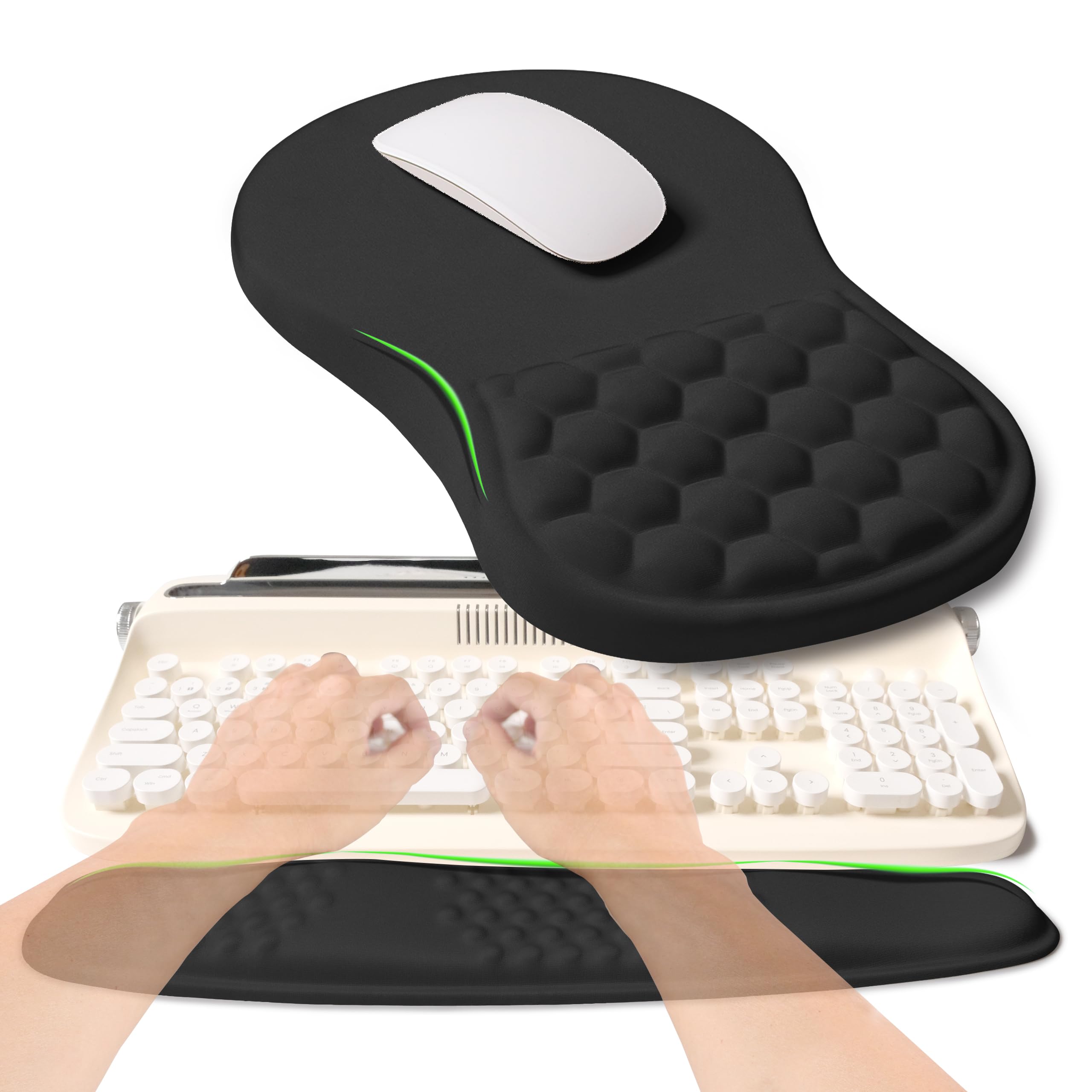 KUOSGM 2-in-1 Ergonomic Set, Wave Rise Keyboard Wrist Rest and Massage Bulge Slope Mouse Pad Wrist Support, Cushion Memory Foam Integrated to Relieve