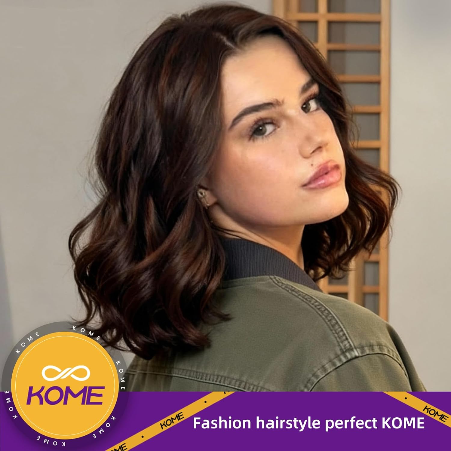 Dark Brown Synthetic Lace Front Wig,Side Part Short Curly Bob Wig,Shoulder Length Wig for Women Daily Use 16IN