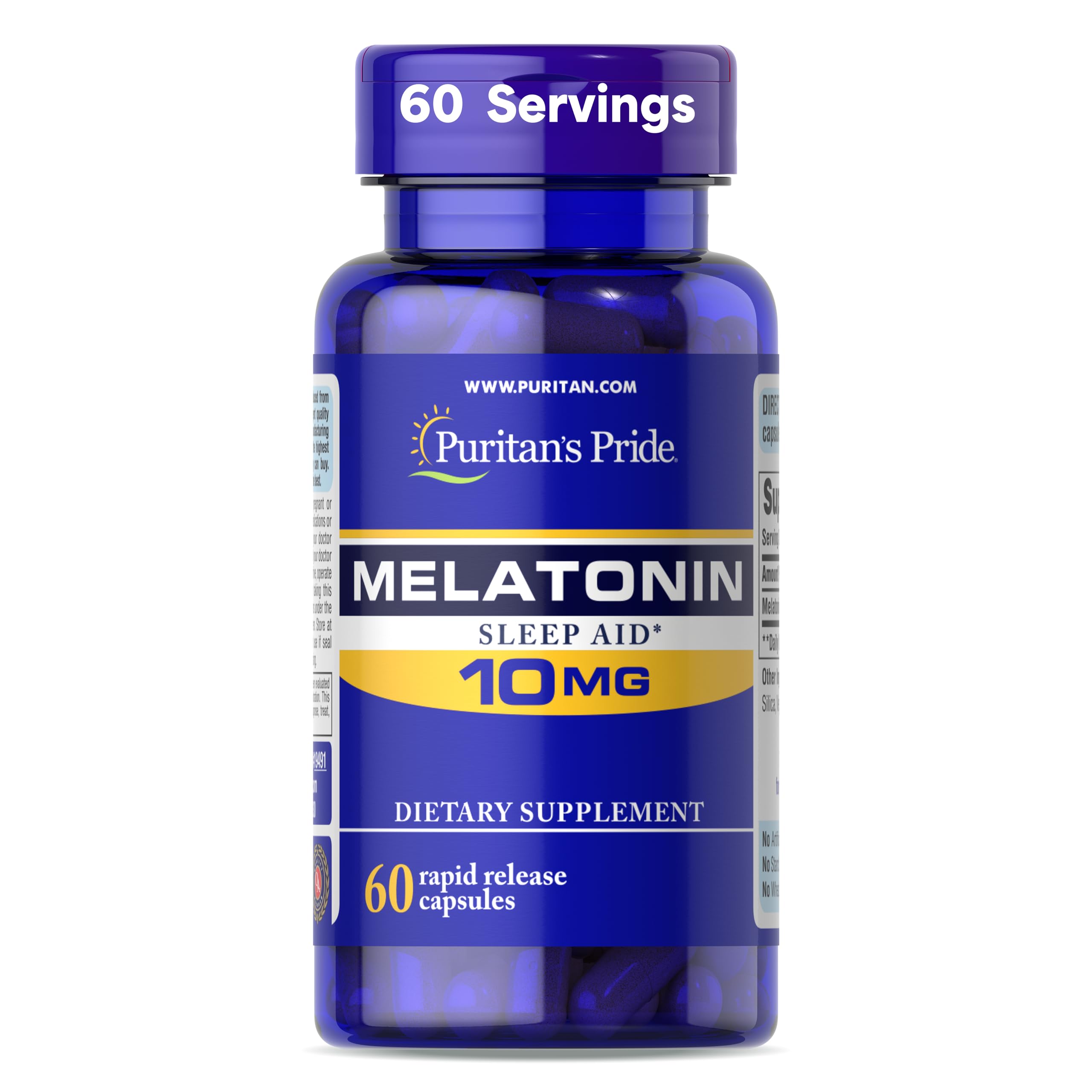 Puritan's Pride Premium Super Strength Melatonin 10mg Sleep Aid, Dietary Supplement for Sound, Restful, and Longer Sleep Support, 2 Month Supply, 60 Rapid Release Capsules