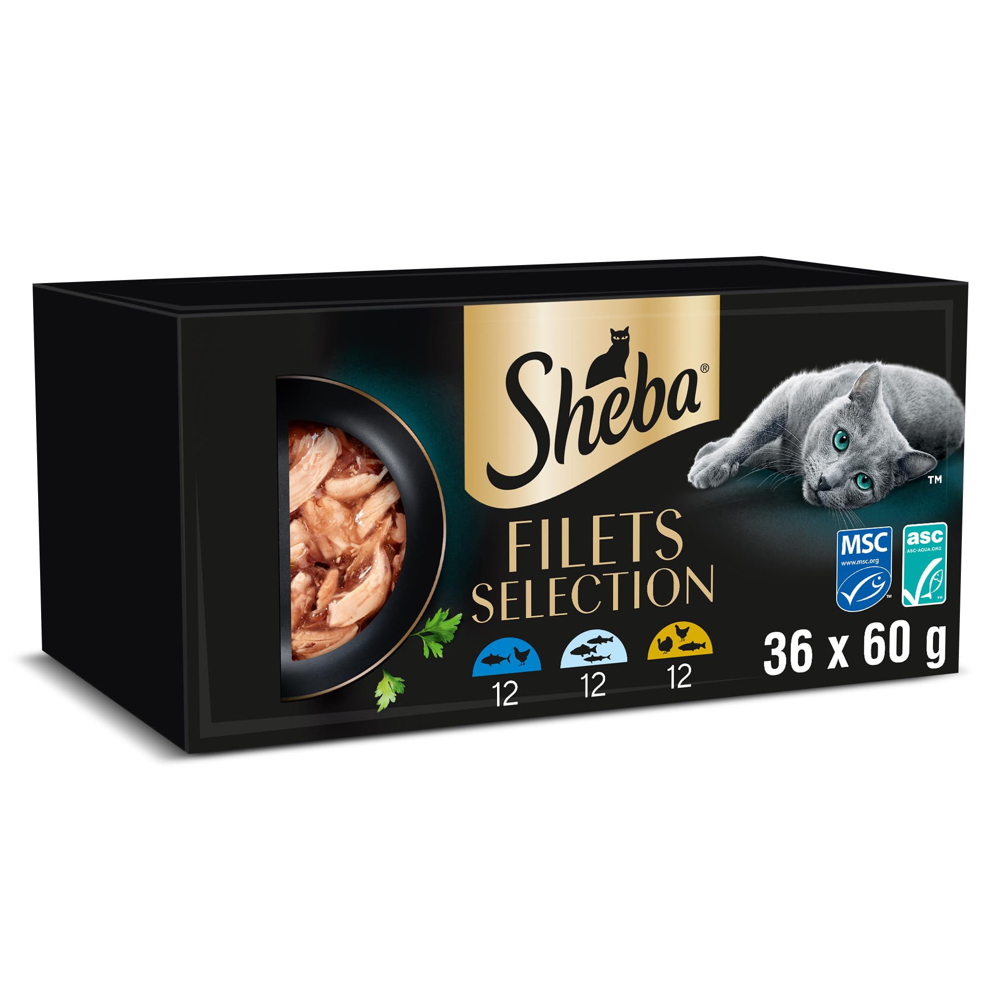 Sheba Filets Adult Katzenfutter in Sauce mit Huhn und Thunfisch, Weißfisch, Geflügel und Lachs 36 x 60 g Schale