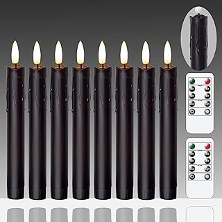 Flameless Flickering Taper Candles Two Remote, 7.5 Inch Black Battery Operated LED Window Candles Timer,Set of 8 Plastic 3D-Wick Dripping-Wax Effect Flameless Candlesticks(0.86”Dia,Warm Fire)