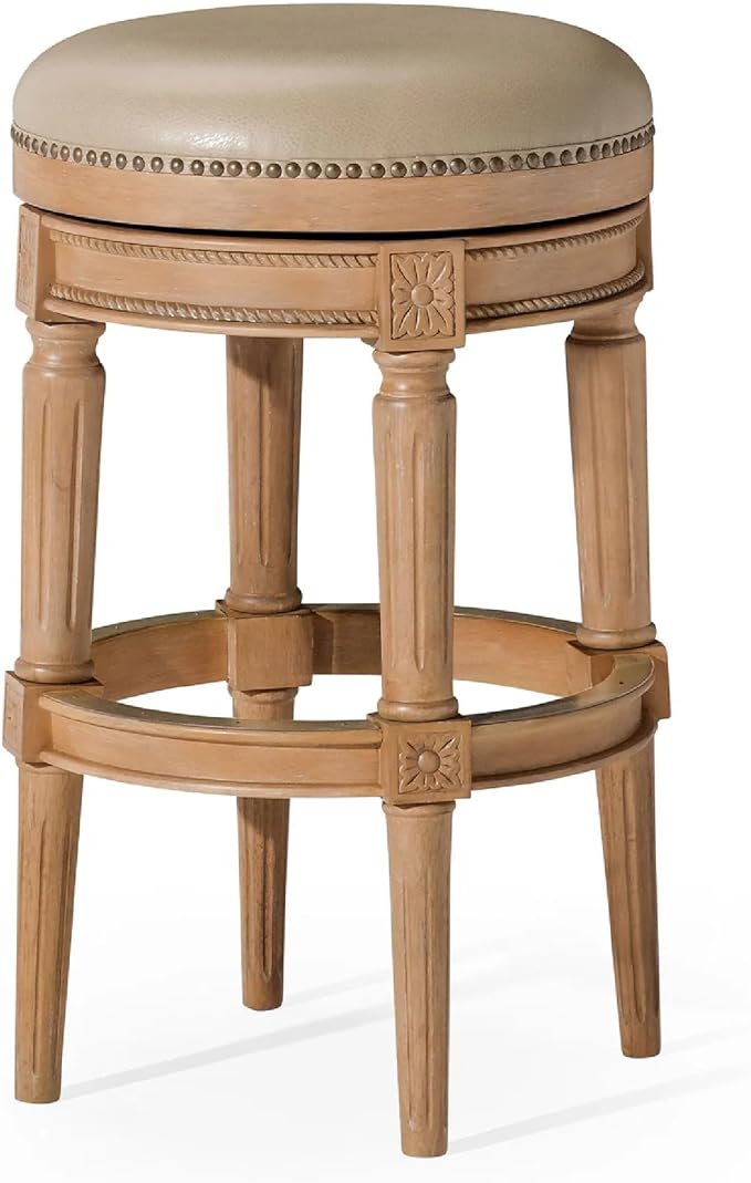 Maven Lane Pullman Backless Bar Stool 31 Inches – Swivel Stool with Footrest – Light Brown Solid Wood Frame & Beige Faux Leather Upholstery – Perfect for Bars, Pub Tables & Tall Kitchen Counters