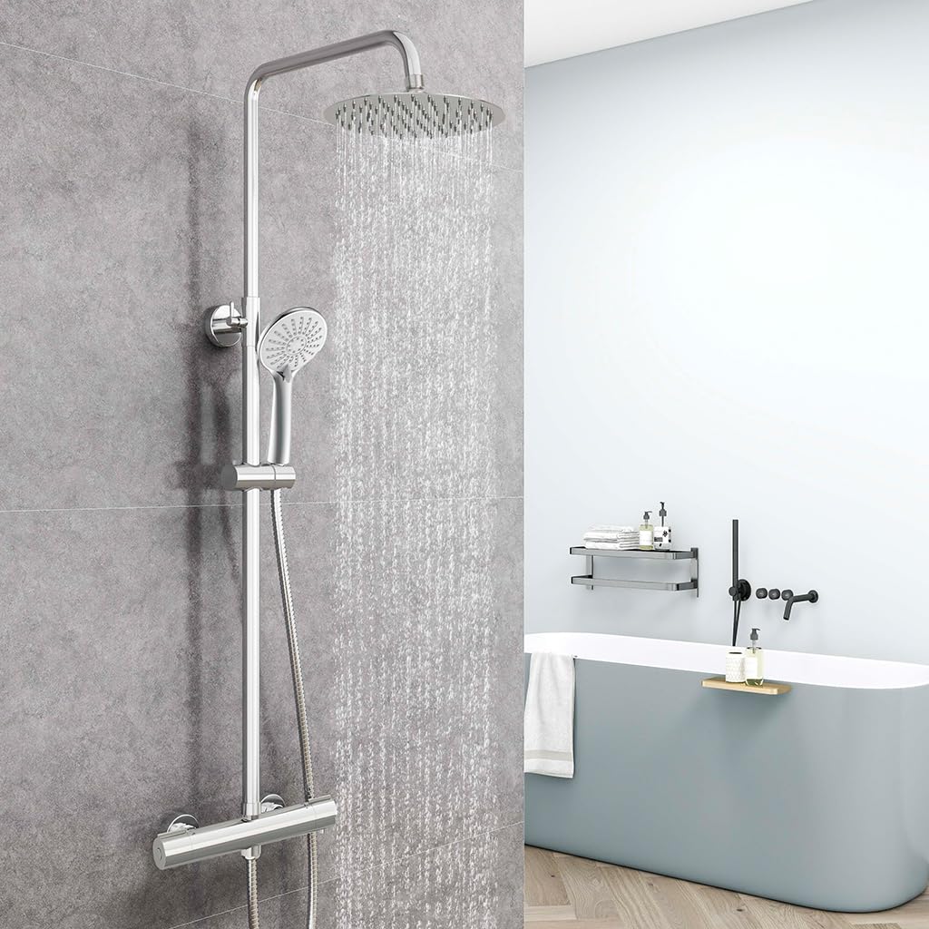 AICAIT Colonne Doccia Termostatiche, Miscelatore Termostatico Doccia con Soffione 25x25cm in Acciaio Inox, e Rubinetto 280x40mm, Altezza Regolabile, 750-1200mm, Cromato Lucido