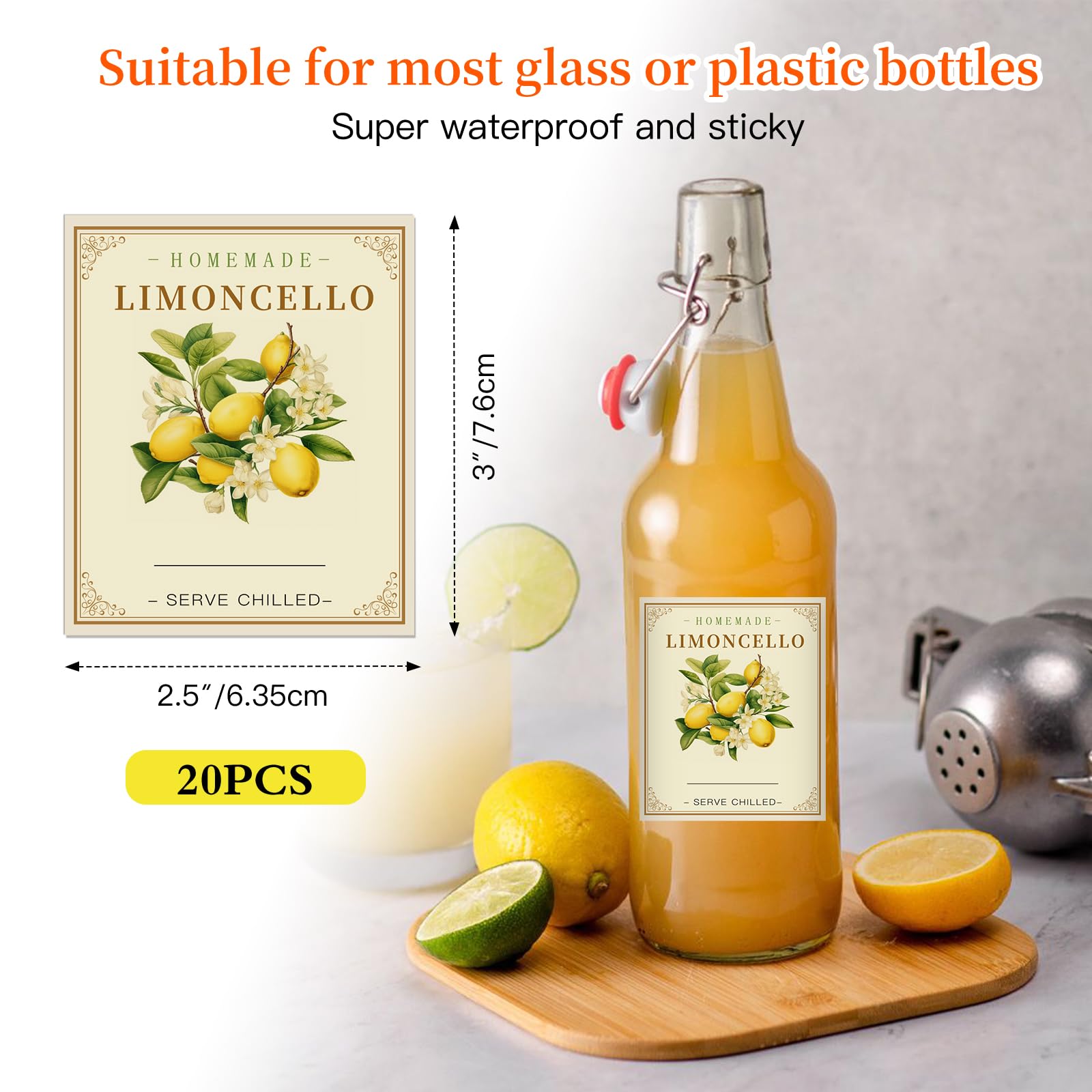 Limoncello - Etiquetas para botellas de limoncello caseras, 20 unidades, calcomanías de etiquetas de botellas de vidrio Limoncello, 2.5 x 3 pulgadas, elegantes calcomanías de vino de limón para bodas