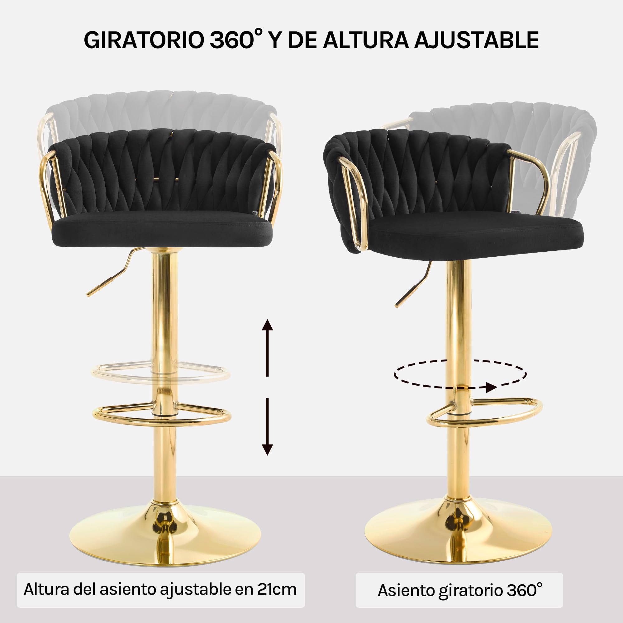 WOLTU Taburetes Altos de Cocina Set 2 Altura Ajustable, Negro | con Respaldo y Reposapiés, Base de Metal, Terciopelo, para Comedor, Salón y Cafetería