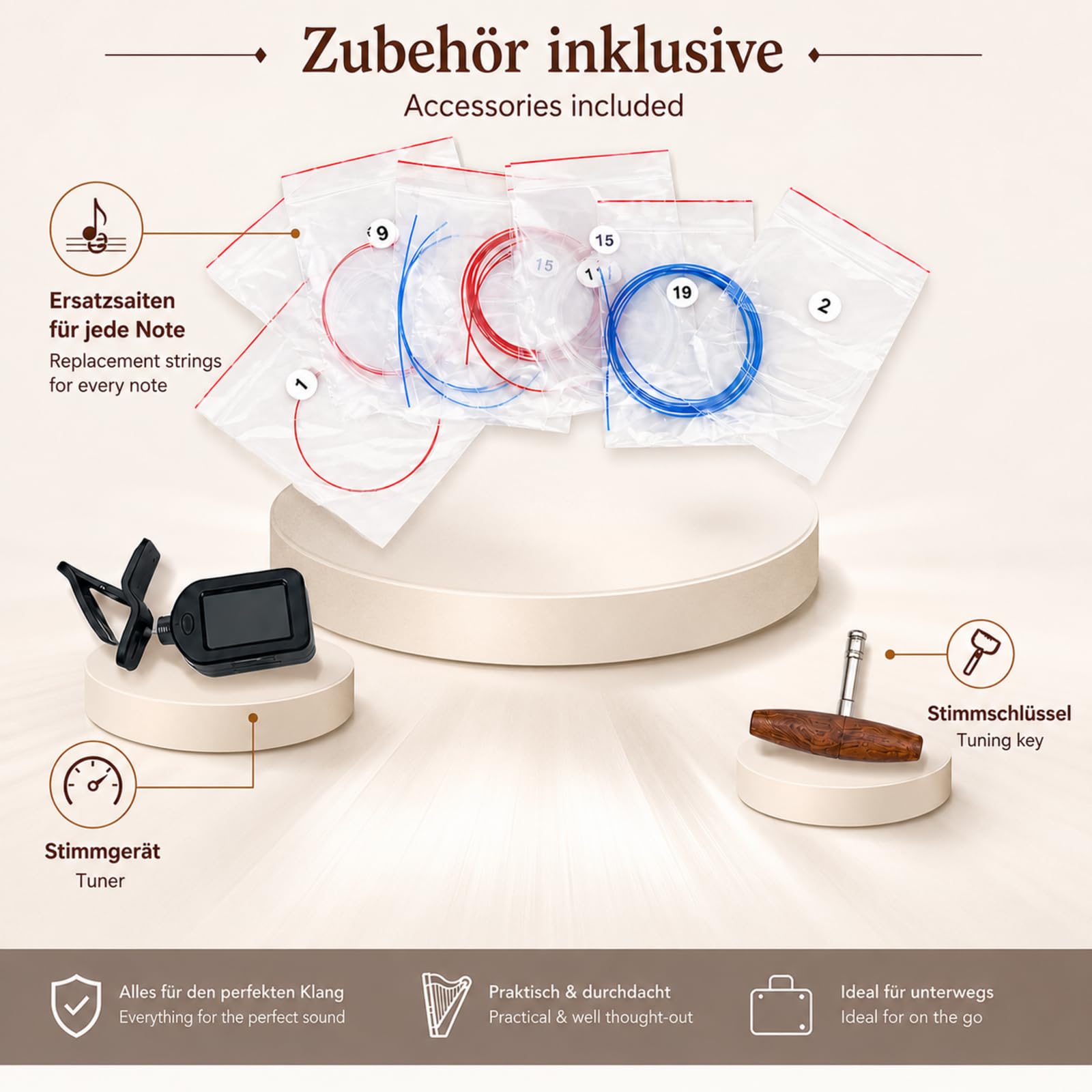 Uzman Harfe 22 Saiten Keltische Harfe 22 String Harp Leierharfe | Edelholz-Korpus mit keltischem Design, Halbtonklappen, finnischem Birken-Resonanzboden und farbcodierten Saiten