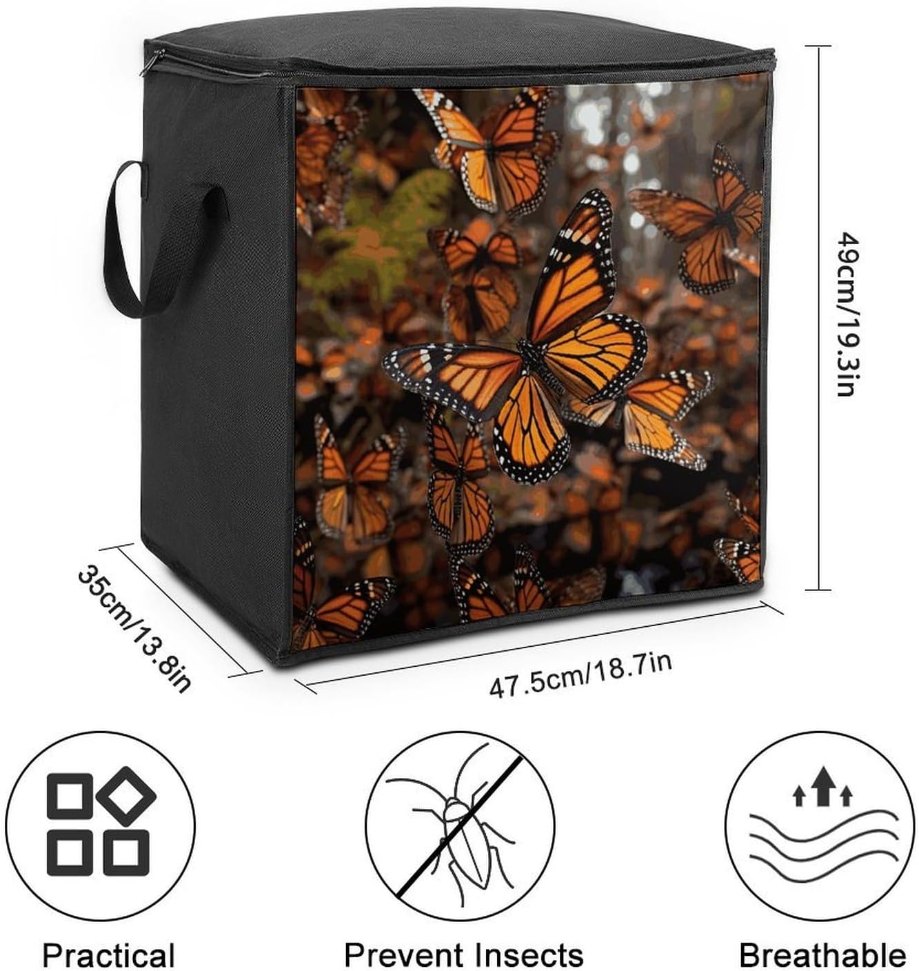 Monarch Butterflies Storage Bag with Zippers And Handle Extra Large Bedding Comforter Storage Bag Foldable Blanket Storage Bags Fabric Moving Bags for Closet Organizer (70L)