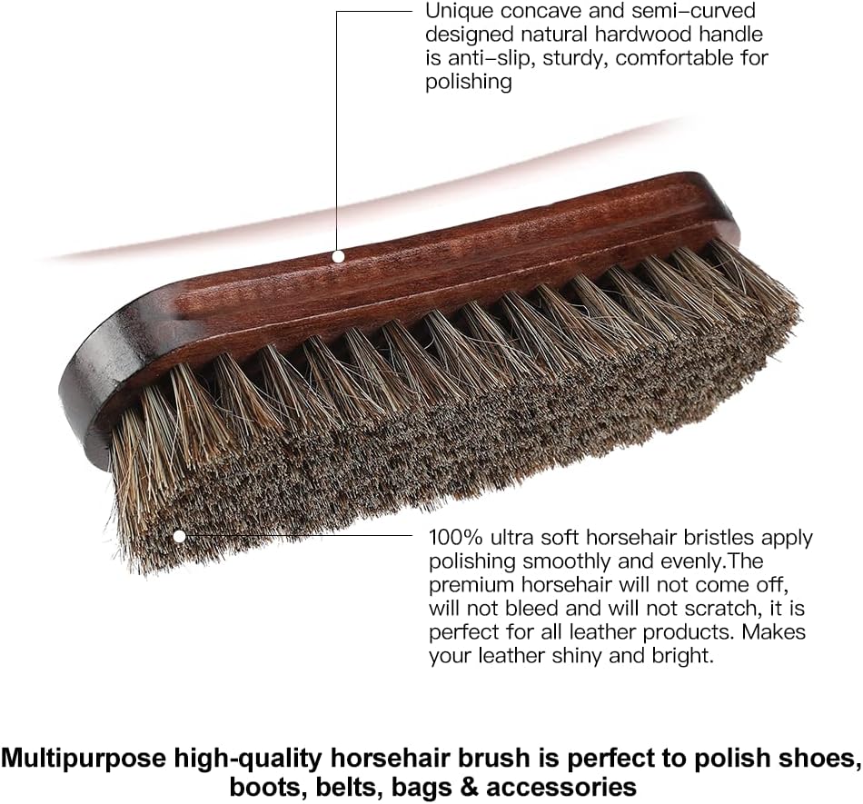 Horsehair Shoes Shine Brush, Soft Horse Hair Bristles Leather Clean & Care Brushes with Comfortable Grip for Shoes, Boots, Coats and Bags - 2 Pack