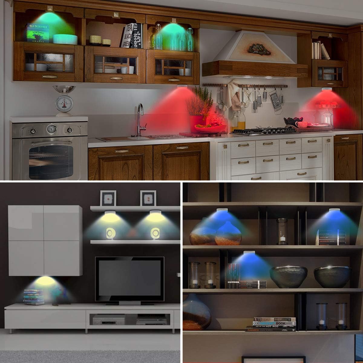 BASON LIGHTING Puck Lights with Remote,Under Cabinet led Lighting,RGB Wireless Rechargeable Light for Closet,Display case,3 Pack