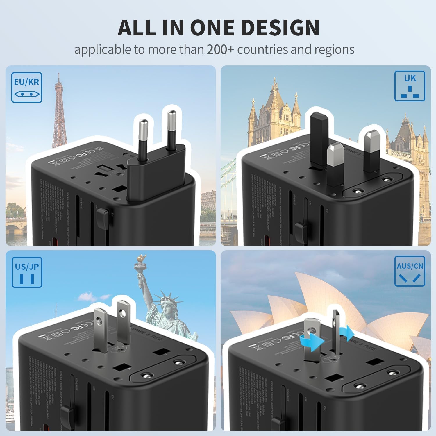 EPICKA GAN Adaptador Enchufe Universal, PD 70W Adaptadores de Viaje con 3 USB-C y 2 USB-A, Adaptador Universal Enchufe Viaje para UK USA Japón, Tailandia, Australia, Irlanda TA-105P, Negro