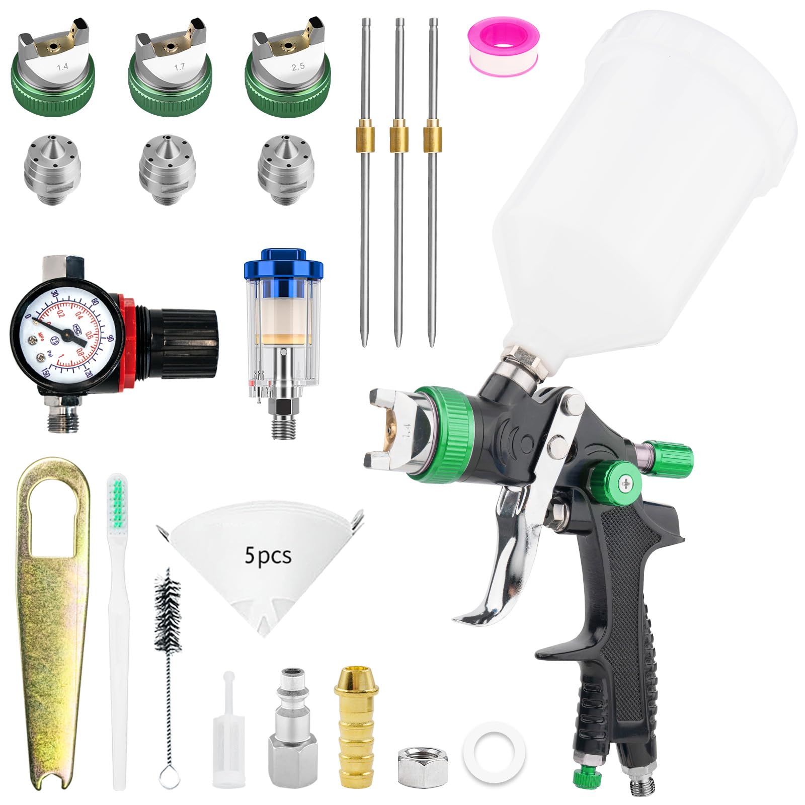 HVLP Professionnel Pistolet à Peinture Carrosserie Alimentation par Gravité 3 Buses 1,4/1,7/2,5mm Coupelle 600cc par gravité et Jauge de Pression HVLP Meubles de Voiture Pistolet de réparation (Vert)