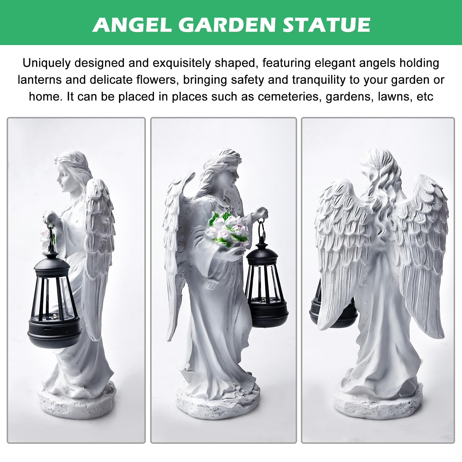 GOMETY Estatuas de ángel solar para jardín, figura de ángel de la guarda con linterna solar LED, luz para tumba, decoración al aire libre, escultura de ángel, decoración de césped, figura de ángel de