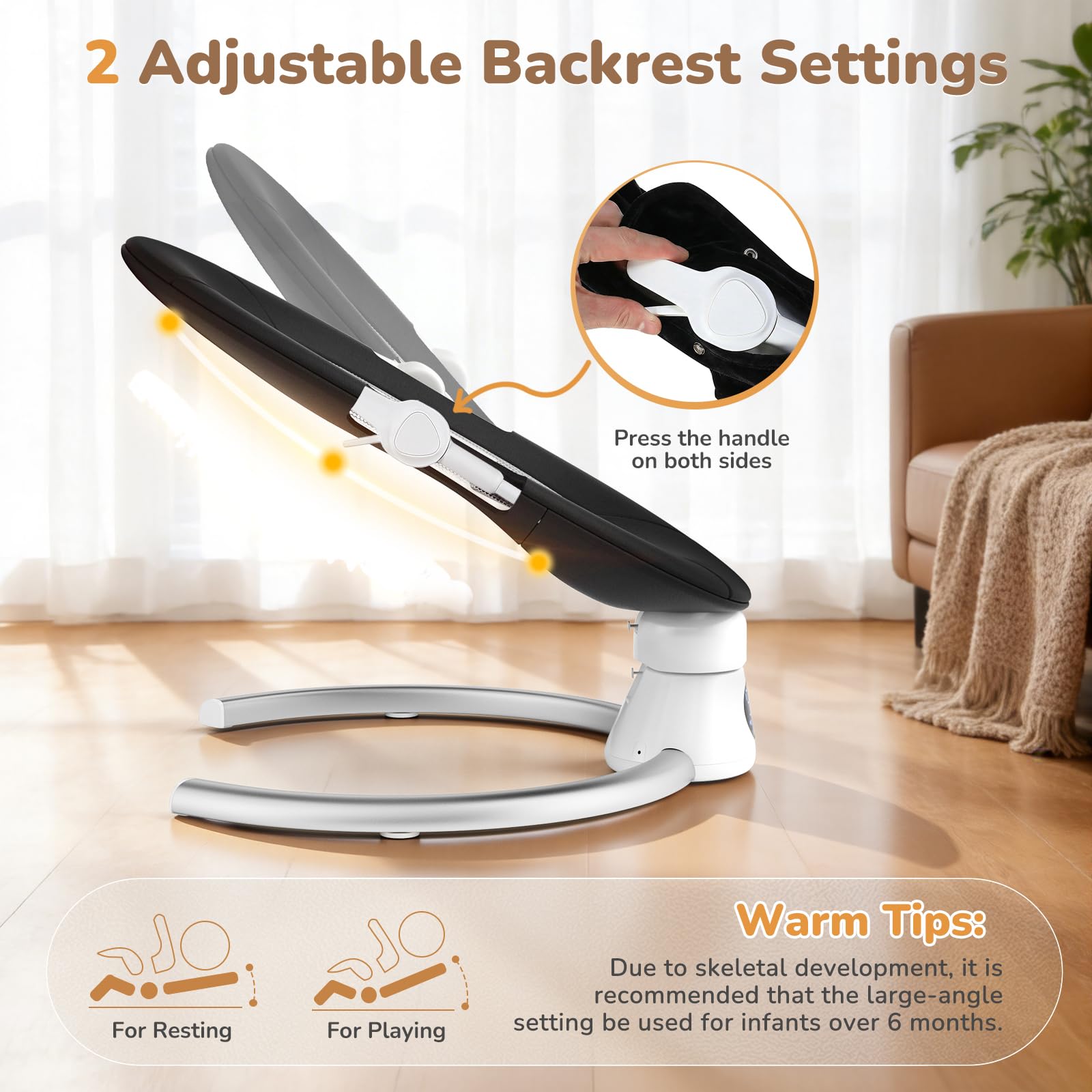 Transat pour bébé, balançoire électrique portable avec dents bleues, 5 vitesses de balancement, harnais à 5 points, télécommande et panneau tactile (noir)