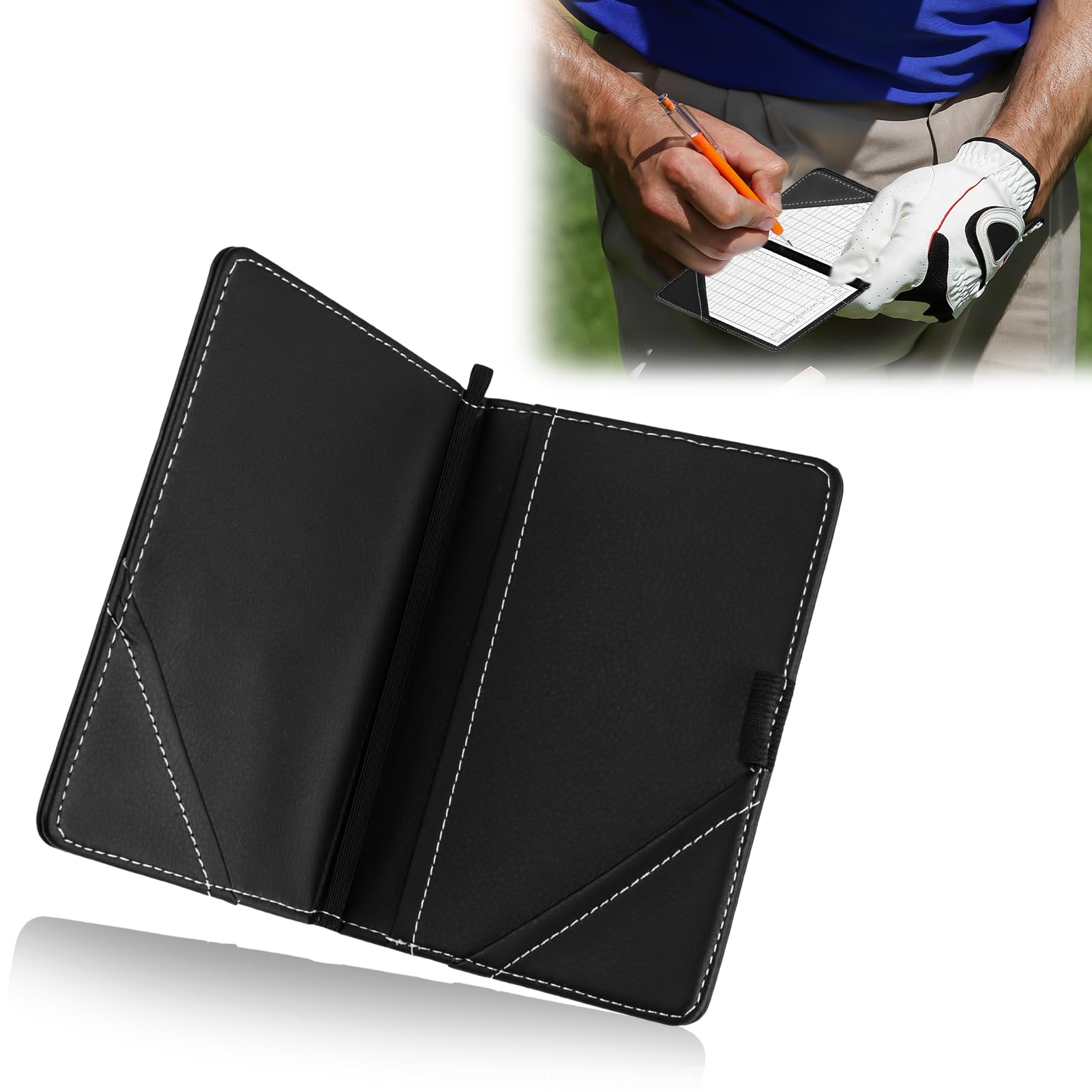 RTDHO Golf Scorecard Holder,Waterproof Golf Score Card Holder PU Leather Golf Score Counter Book Yardage Organiser Scorecard Cover Portable Foldable Design Gift for Men Women Golfers Black