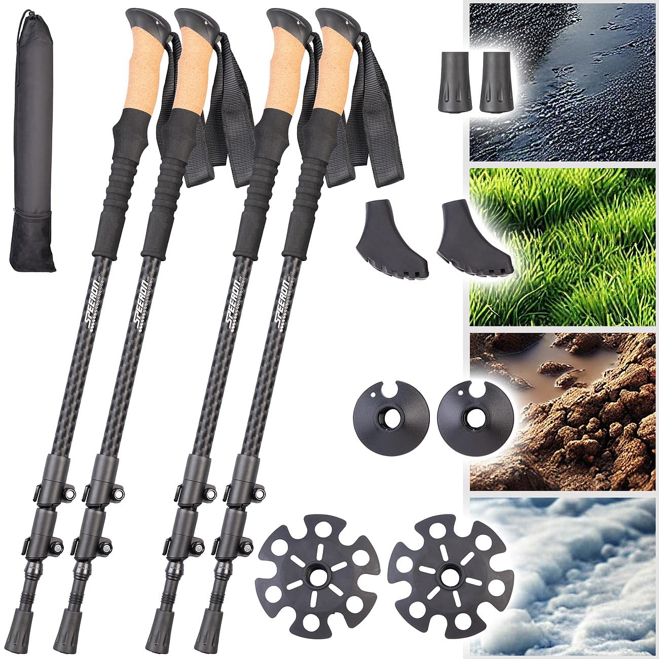 Speeron bastoni da trekking antishock: Bastoni da trekking telescopici, Carbon con impugnatura in sughero, regolabile in altezza (bastone telescopico, bastone nordic walking con ammortizzatore)