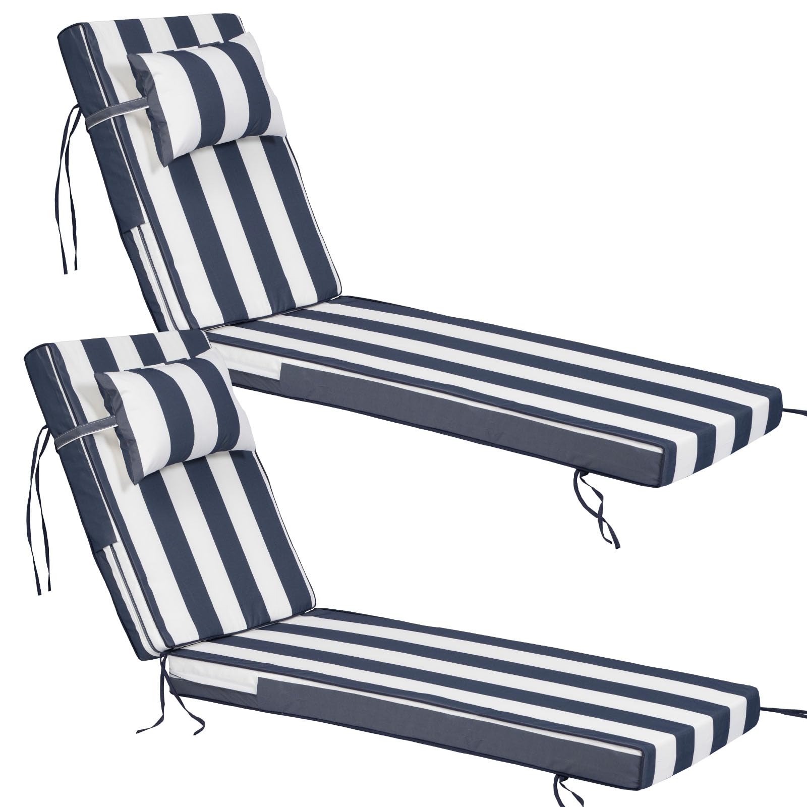 2 Piece Chaise Lounge Cushions Outdoor with PP Cotton Pillow, Waterproof Chair Cushions for Outdoor Furniture, Suitable for Patio Poolside,Garden,Beach,Pool (2pc-Blue and White Stripe, 72*21*3 inch)