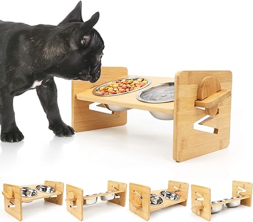 Elevated Dog BowlsAdjustable 15 Tilted Raised Pet Food Water Feeder Dishes for Large Medium Small Dogs CatsSlanted Bamboo Food Stand with 2