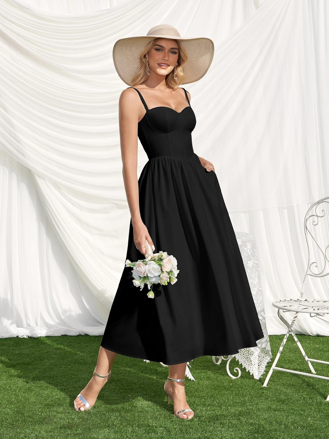 Parthea Summer Floral Corset Midi Dress Lace Spaghetti Straps Flowy A Line Casual Wedding Guest Dresses with Pockets - Image 3