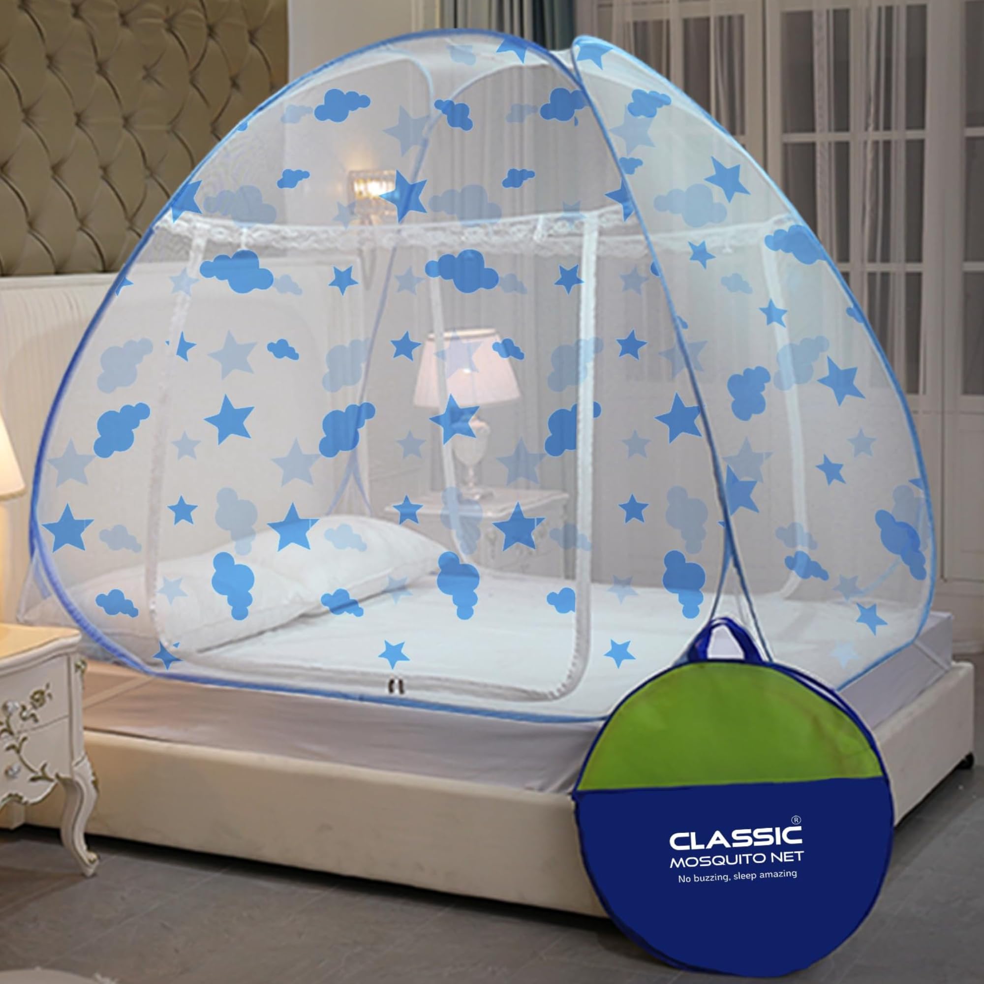 Classic Mosquito Net for King Size Bed Cloud Design | 30 GSM Polyester Fine Mesh | Foldable Pop Up Machardani for Double Bed | 360° Mosquito & Insect Protection | Washable & Reusable | Blue