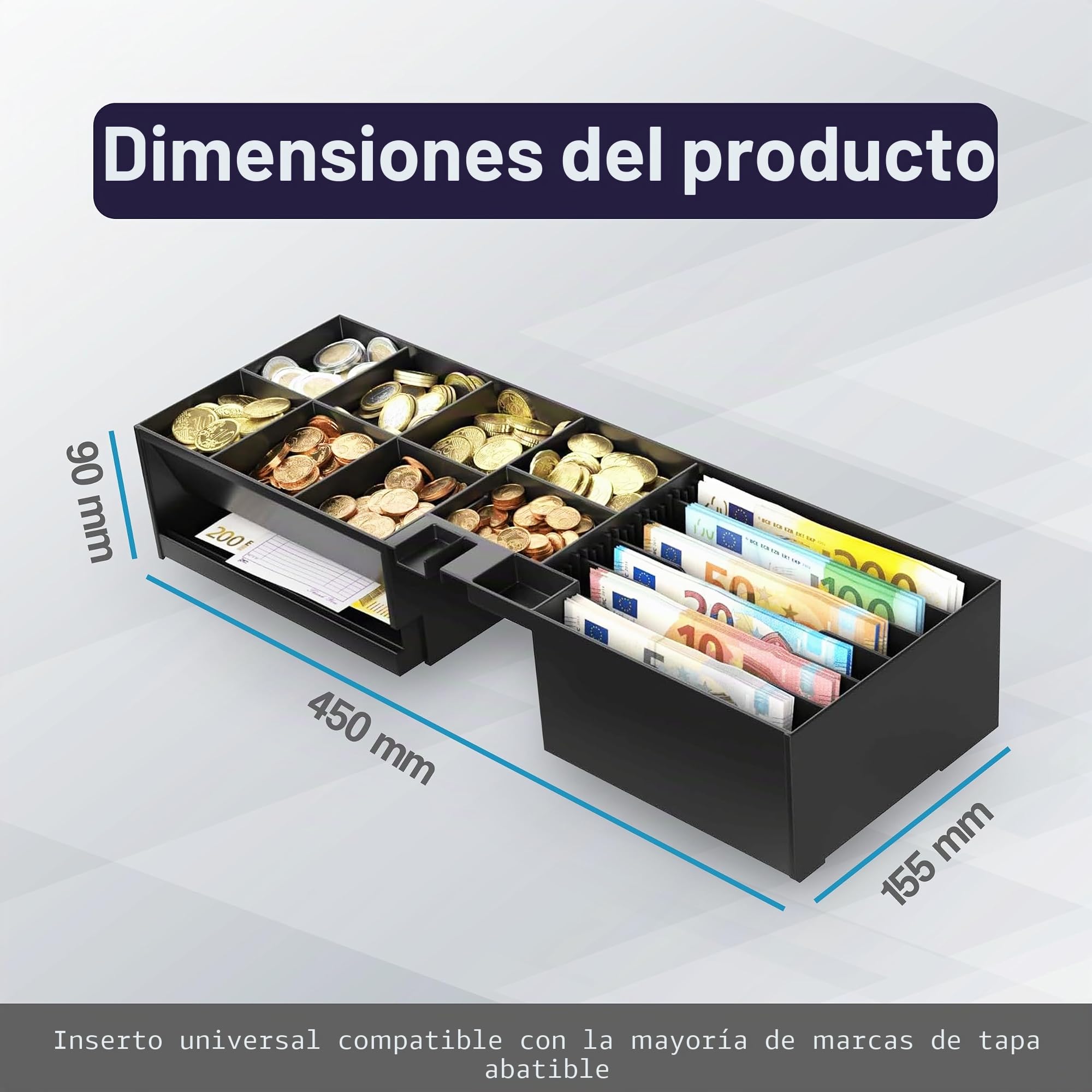 Interior con tapa y cerradura para cajón de efectivo flip-top apertura vertical automática para impresora POS y caja registradora, 5 billetes - 8 monedas - Universal