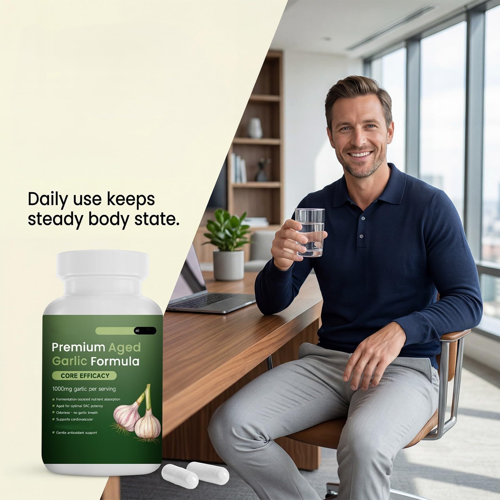 Formuła Premium AgedGarlic (60 szt.) | Czosnek czarny premium dojrzały - Bezzapachowy czosnek 1000 mg na porcję - Serce i krążenie, Bez GMO, Bez glutenu
