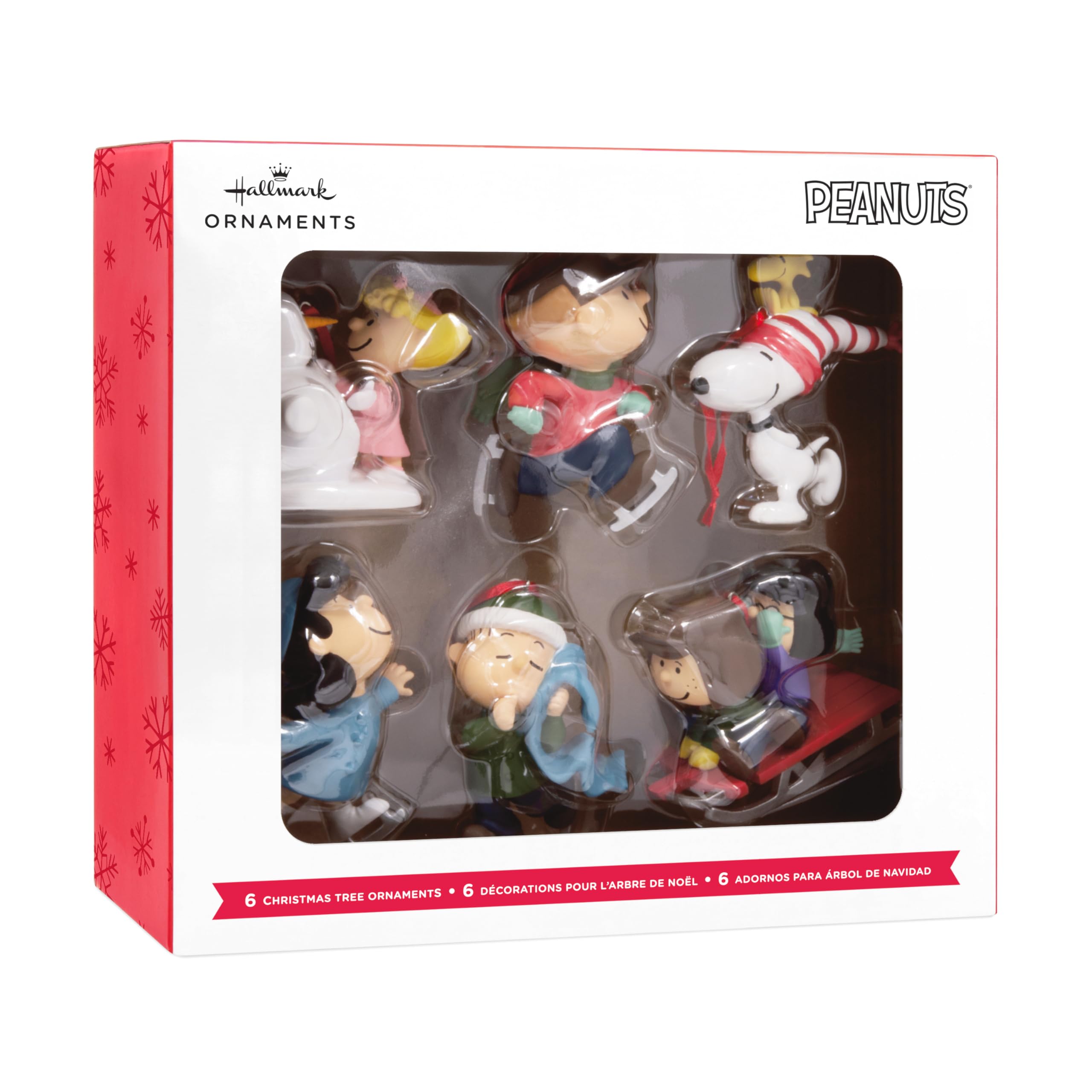 Hallmark Erdnüsse Ornamente zum Sammeln, 6 Stück, Erdnüsse Gang Winter Aktivitäten Figuren, hängende Ornamente, Snoop, Holzstock, Charlie Brown, Weihnachten