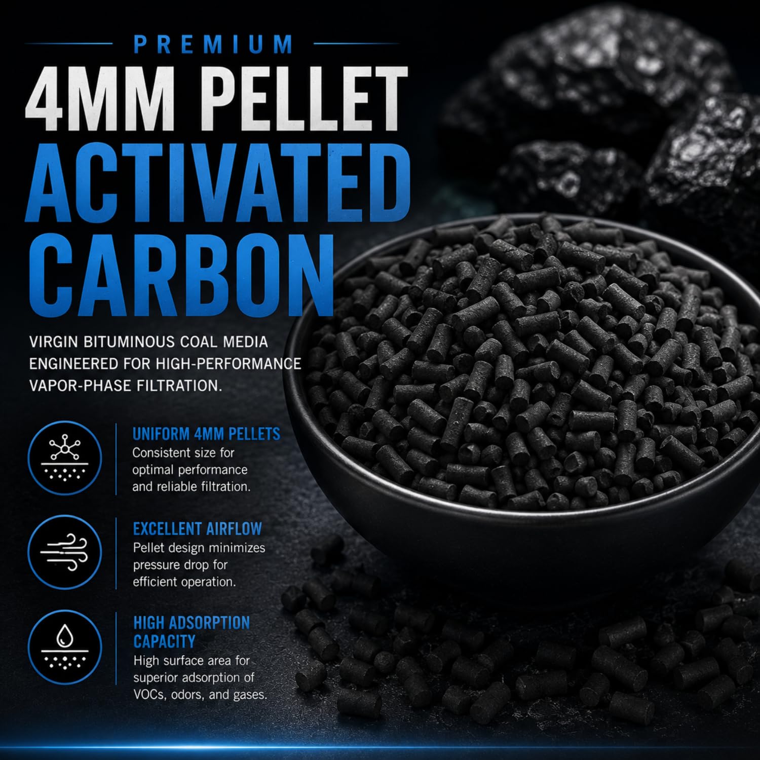 carbón activado 4 mm Tamaño de pellet (carbón bituminoso virgen), Premium Bulk Carbono para purificación de aire, olor, filtración de tanque de peces, Koi estanques, aplicaciones de fase de vapor