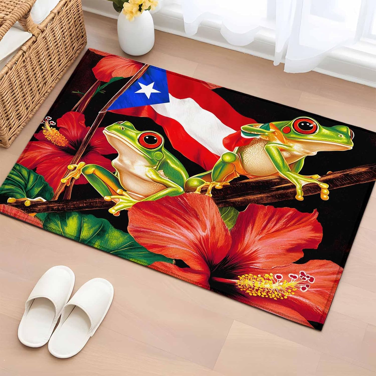 Bathroom Rugs 2x3 Ft, Puerto Rico Flag Non Slip Area Rugs for Kitchen Bedroom Entryway, Frog Red Flower Summer Leaf Washable Carpet Runner Rug Floor Mats for Bedroom Home Decor