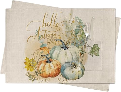 Thanksgiving Pumpkin Table Placemats for Dining Table Set of 2,Cotton Linen Cloth Kitchen Place Mats with Pocket,Burlap SquareRectangleRoundOblong