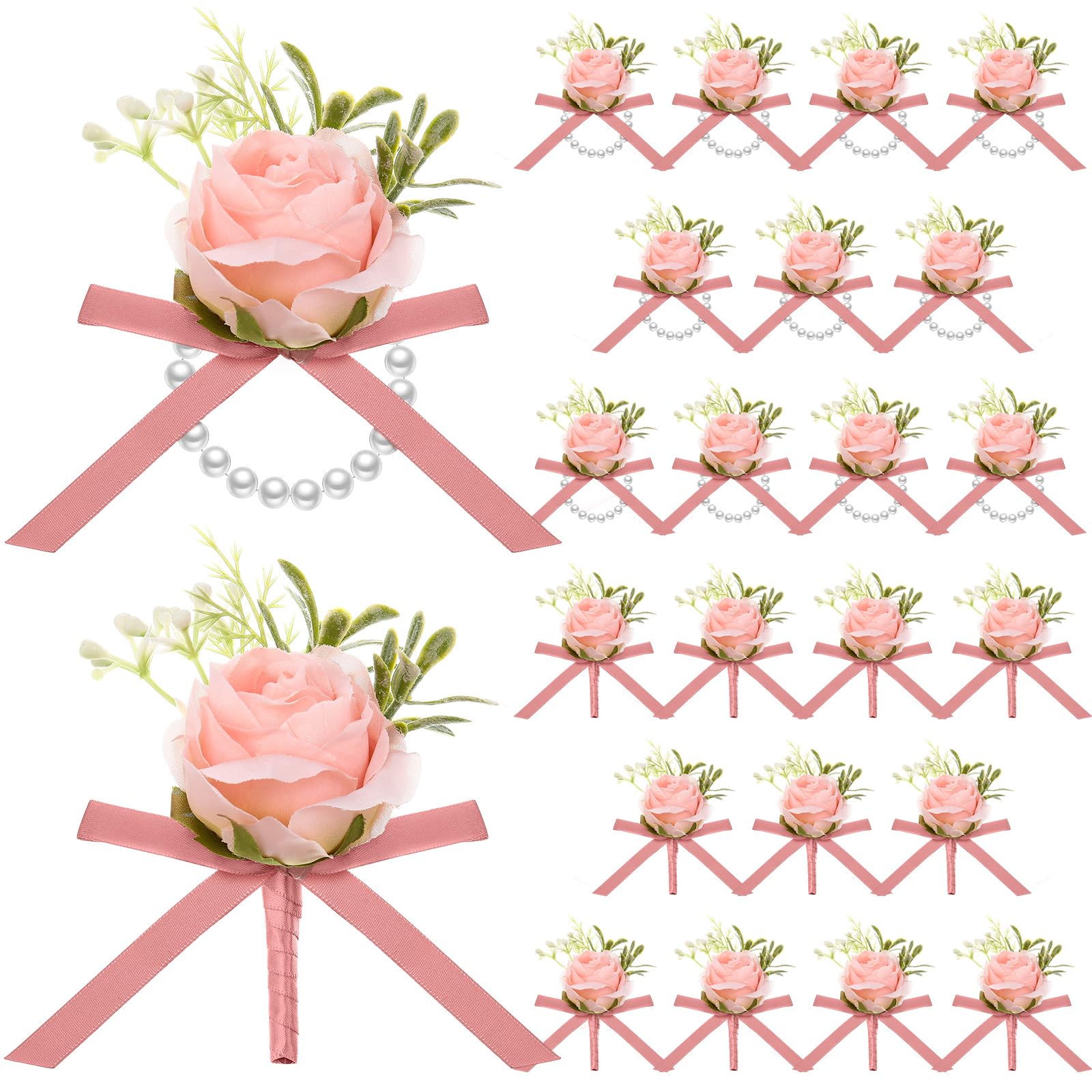 XunYee Set di 24 corsetti da polso e fiore all'occhiello con rose, da uomo, con cinturino da polso artificiale, per balli di fine anno, decorazioni per matrimoni, sposa, sposo, abiti da ballo (rosa)