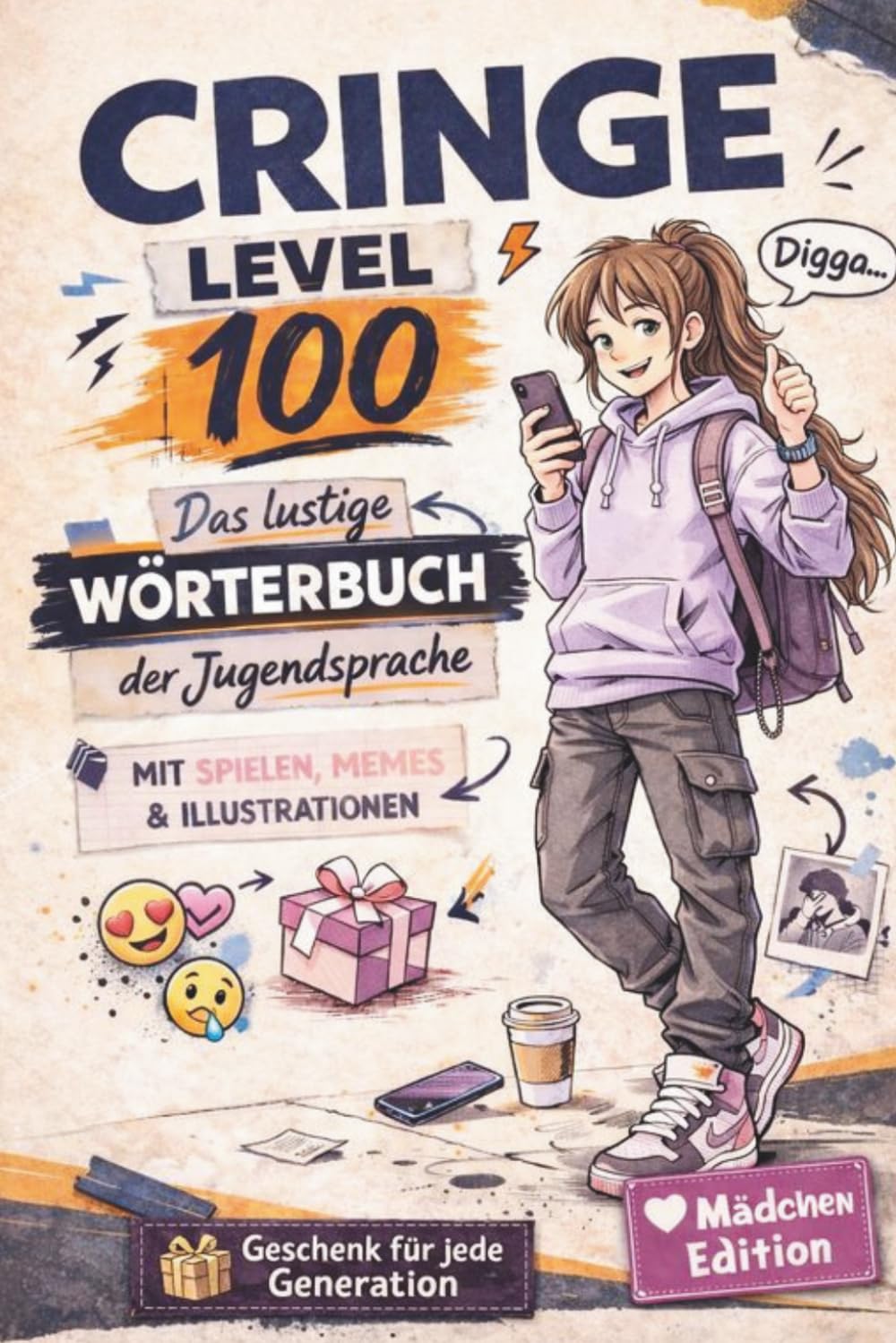 Cringe Level 100 Mädchen Edition: Das lustige Wörterbuch der Jugendsprache – moderne Jugendwörter erklärt mit Beispielen, Cringe-Level, Memes, Spielen, Comics und Übersetzung für Eltern