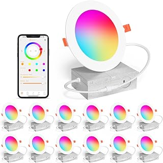 SikSog 4 Inch Smart RGBCW Recessed LED Lights 12W 1080LM, Alexa Bluetooth Dimmable Color Changing Downlights with Junction Box, 12-Pack