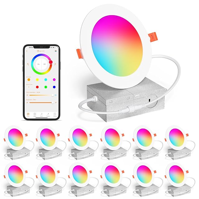 SikSog Smart Recessed Lighting 4 Inch RGBCW Color Changing 12W LED Downlight with Junction Box 1080 Lumen Recessed