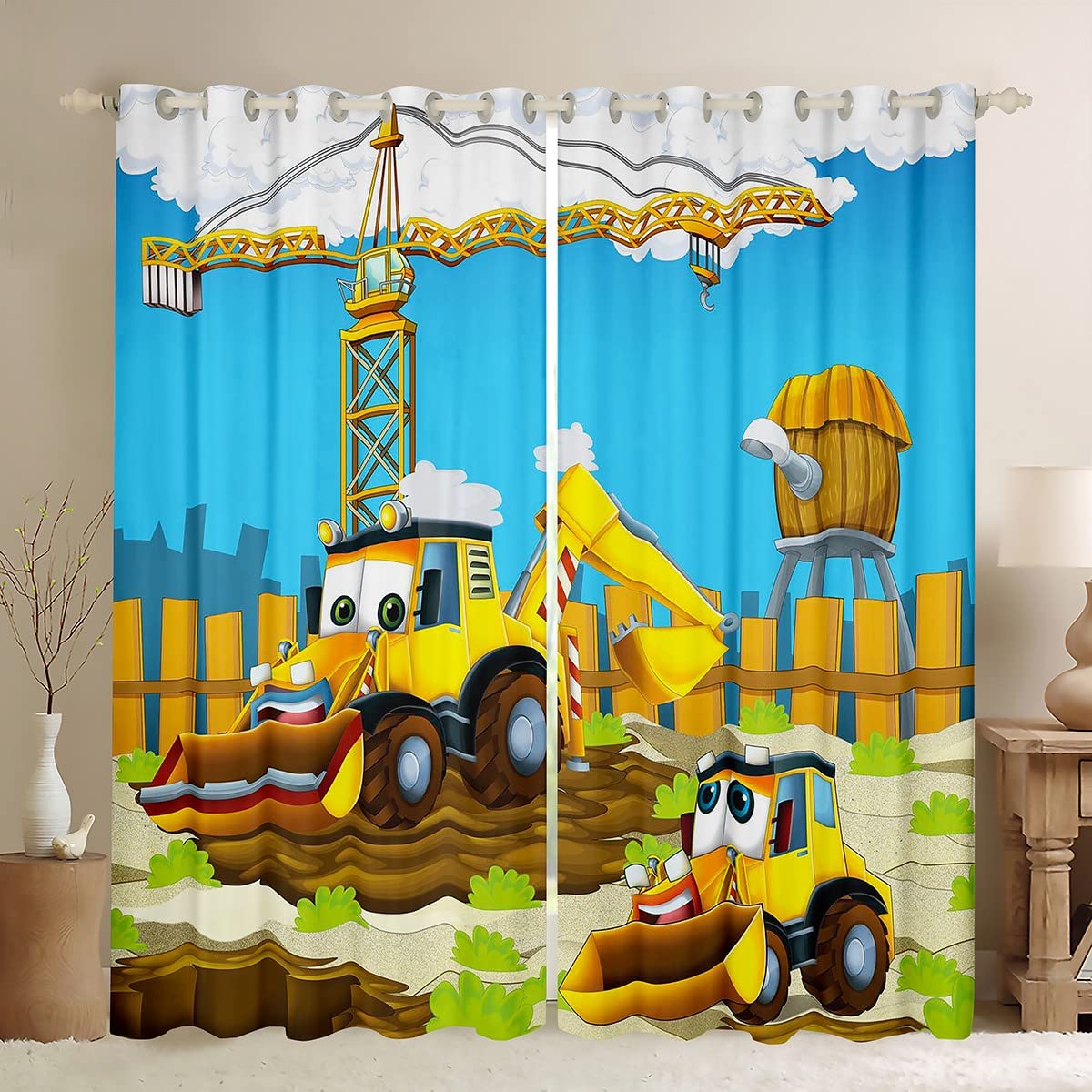 Loussiesd Kids Equipment Trucks Curtain Cartoon Construction Bulldozer Blackout Curtainfor Bedroom Machinery Cars Darkening Curtain Construction Site Window Drapes W52*L63
