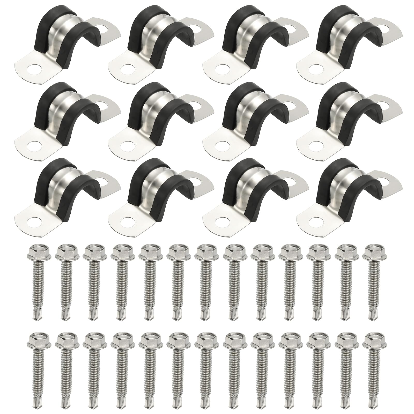 PATIKIL 12Pcs Pipe Clamps, 9/16 Inch 304 Stainless Steel Rubber Cushioned U Bracket Conduit Clamps Pipe Strap Wire Clips with Hexagonal Screw for Tube Hose Cord Installation, 14mm