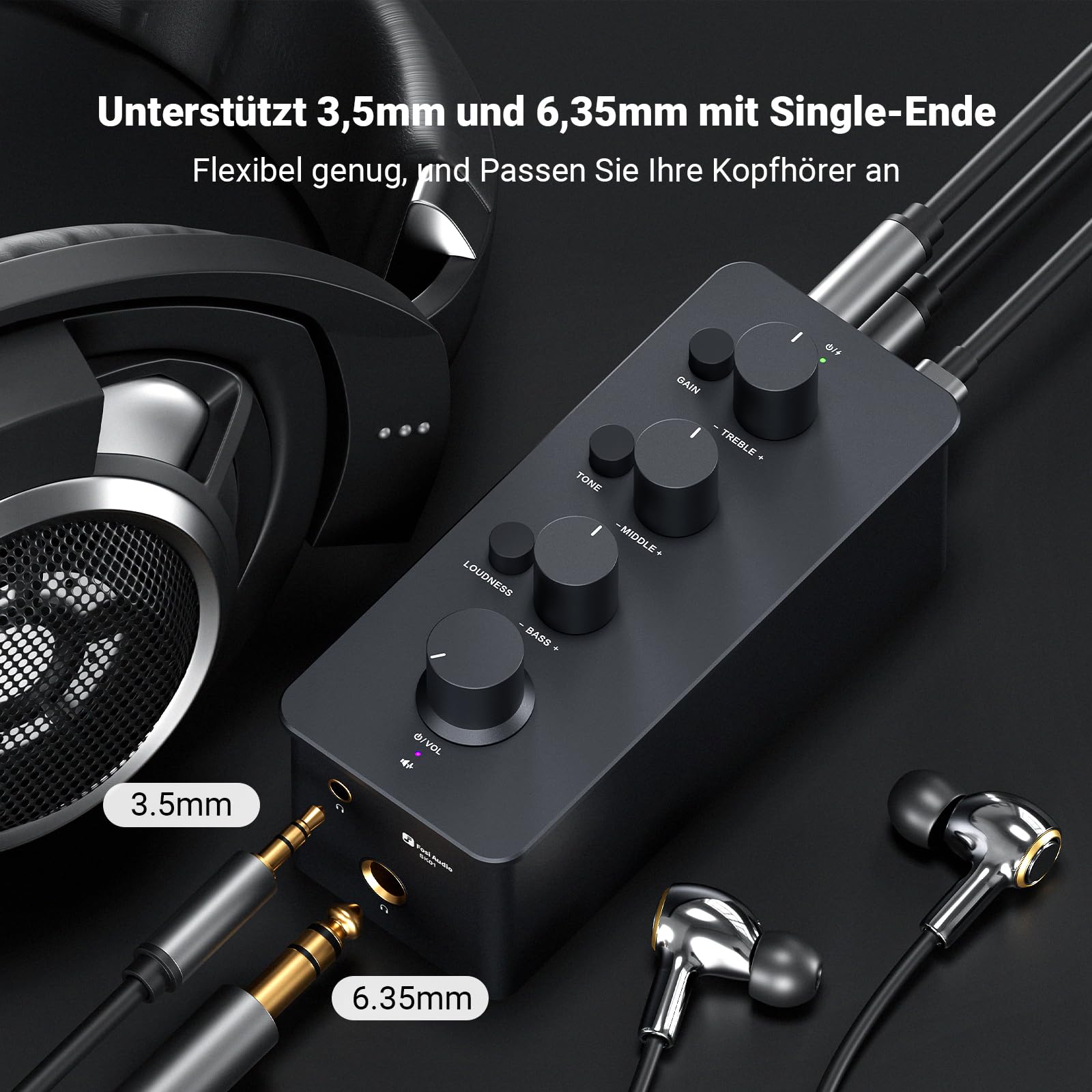 Fosi Audio SK01 Hi-Fi Kopfhörer-Verstärker, Equalizer Vorverstärker mit Bass Mittel Höhen Klangregler & Loudness-Kompensation, tragbarer Klass-A Analog Verstärker für 3,5mm & 6,35mm Buchsen E Gitarre