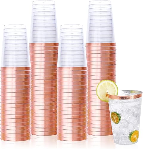 Miniatura 1 de Vplus Paquete de 150 vasos de plástico transparente reutilizables con borde de oro rosa de 12 onzas, vasos desechables de plástico resistentes para