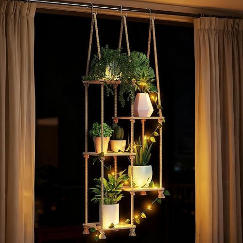 ROSSNY Plant Shelf with LED Vine Garland Strip, 5-Tier Window Plant Shelves, Hanging & Wall Mounted Plant Holder for Indoor, Boho Natural Bamboo Plant Stand for Home Décor - Natural - Square-5 tier